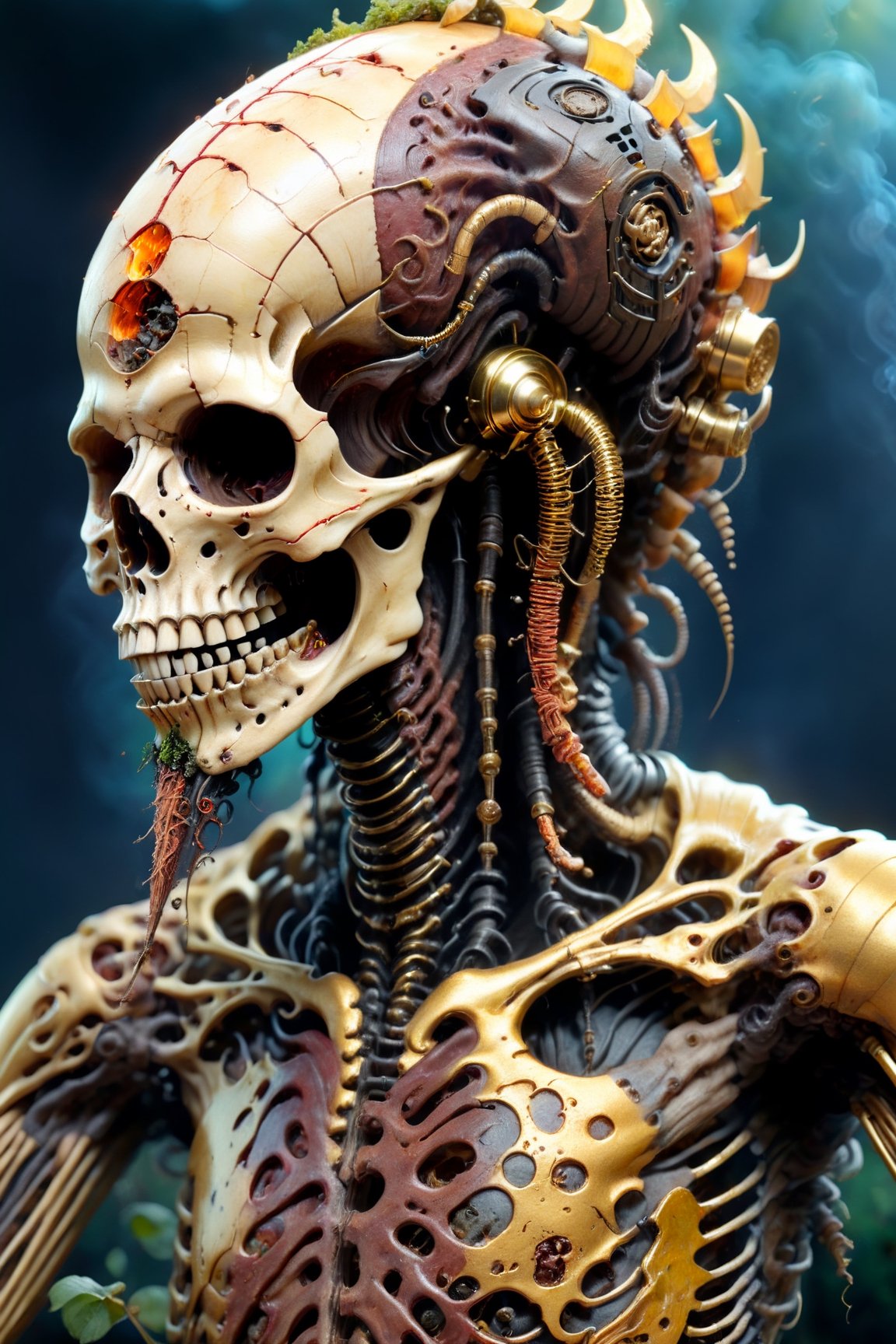 portrait of an infected anthropomorphic lifeform based on friendly human skeleton with an alien-skull for a head with long flowing dreads like bob marley or viking singing his heart out into a gold microphone, gold & jewlery encrusted teeth, some facial hair, smoke from head and equipment, gold technology, golden ratio, gold and diamond necklace and jewlery, tattoos on face, A CyberZomb skater punk as a lead singer, with fungus and mushrooms made of plants, wearing black ripped shirt with "AC/DC" logo on the front, strong studio lighting, h. r. giger and beksinski, highly detailed, golden ratio, tristan eaton, victo ngai, artgerm, vibrant, production cinematic character render, mossy grassfield with mushrooms growing of all kinds, DonMCyb3rN3cr0XL,HellAI,cyberpunk style,Monster,aw0k geometry,biopunk style