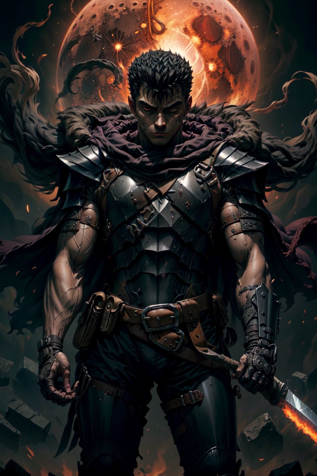 high detailed full body wide shot of 1boy guts \(berserk\) in his black Berserker Armor from the manga by Kentaro Miura, swinging a giant buster sword that is twice his size, left arm is armored and mechanical with a hidden weapon hi-tech, scar, scar on nose, weapon on back, cape (8k, ultra-best quality, masterpiece: 1.2), ultra-detailed, best shadow, detailed hand, hyper-realistic portraits, (detailed background), glowing right eye. Godhand red behelit. Set against a background of an Eclipse Blood Moon in raging fire with black flames dancing in the backdrop, creating a hellish inferno-like atmosphere. ((Perfect face)), ((perfect hands)), ((perfect body)), one eye closed