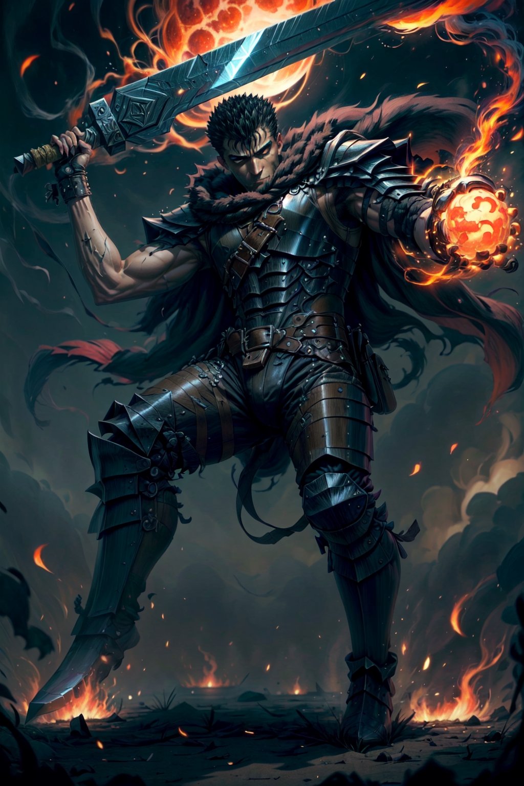 1boy, high detailed full body wide shot of guts \(berserk\) in his black Berserker Armor from the manga by Kentaro Miura, swinging a giant buster sword that is twice his size, left arm is armored and mechanical with a hidden weapon hi-tech, scar, scar on nose, weapon on back, cape (8k, ultra-best quality, masterpiece: 1.2), ultra-detailed, best shadow, detailed hand, hyper-realistic portraits, (detailed background), glowing right eye. Godhand red behelit. Set him against a background of an Eclipse Blood Moon in raging fire with black flames dancing in the backdrop, creating a hellish inferno-like atmosphere. ((Perfect face)), ((perfect hands)), ((perfect body)), one eye closed