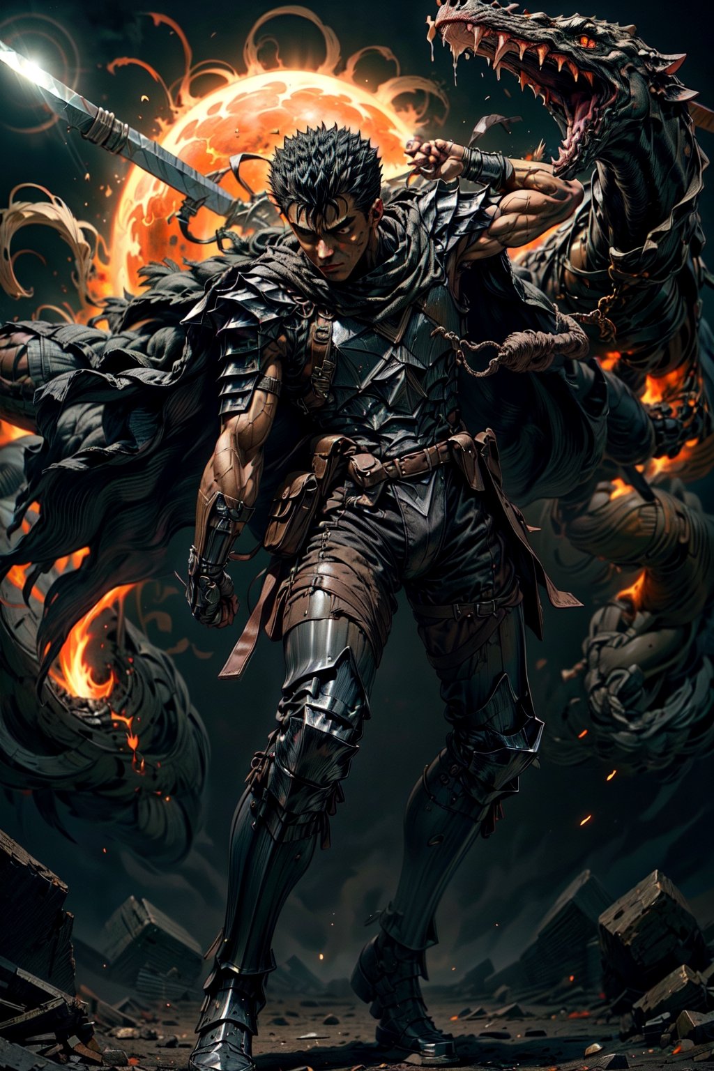 high detailed full body wide shot of "Guts" in his Berserker Armor from the manga by Kentaro Miura, swinging a giant (buster sword) that is twice his size, left arm is armored black in color and mechanical with a hidden weapon hi-tech, scars and battle damage (8k, ultra-best quality, masterpiece: 1.2), ultra-detailed, best shadow, detailed hand, hyper-realistic portraits, (detailed background), glowing right eye. Godhand. Set him against a background of an eclipse in raging fire with black flames dancing in the backdrop, creating an inferno-like atmosphere. ((Perfect face)), ((perfect hands)), ((perfect body)), guts \(berserk\)