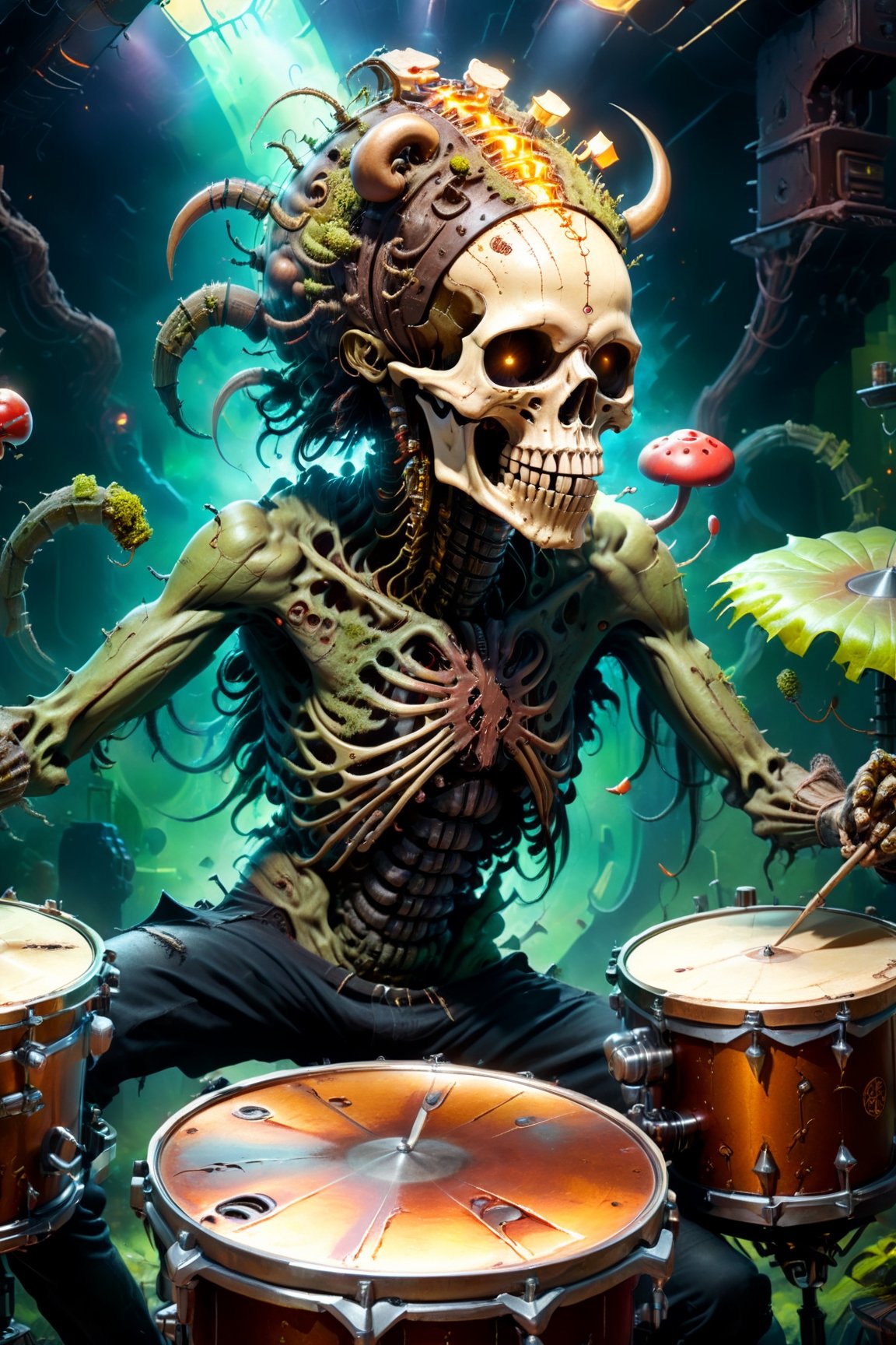 Close posing portrait of an infected anthropomorphic lifeform based on scary human skeleton with an alien-skull for a head with long dreads like bob marley, solid gold decorated teeth, smoking a weed blunt, smoke from head, gold grille, gold and diamond necklace and jewlery, tattoos on face, A CyberZomb skater punk playing drums on a drumset in a nightclub with fungus and mushrooms made of plants, wearing black ripped shirt with "AC/DC" logo, strong studio lighting, h. r. giger and beksinski, highly detailed, golden ratio, tristan eaton, victo ngai, artgerm, vibrant, production cinematic character render, mossy grassfield with mushrooms growing of all kinds, DonMCyb3rN3cr0XL,HellAI,cyberpunk style,Monster,aw0k geometry,biopunk style