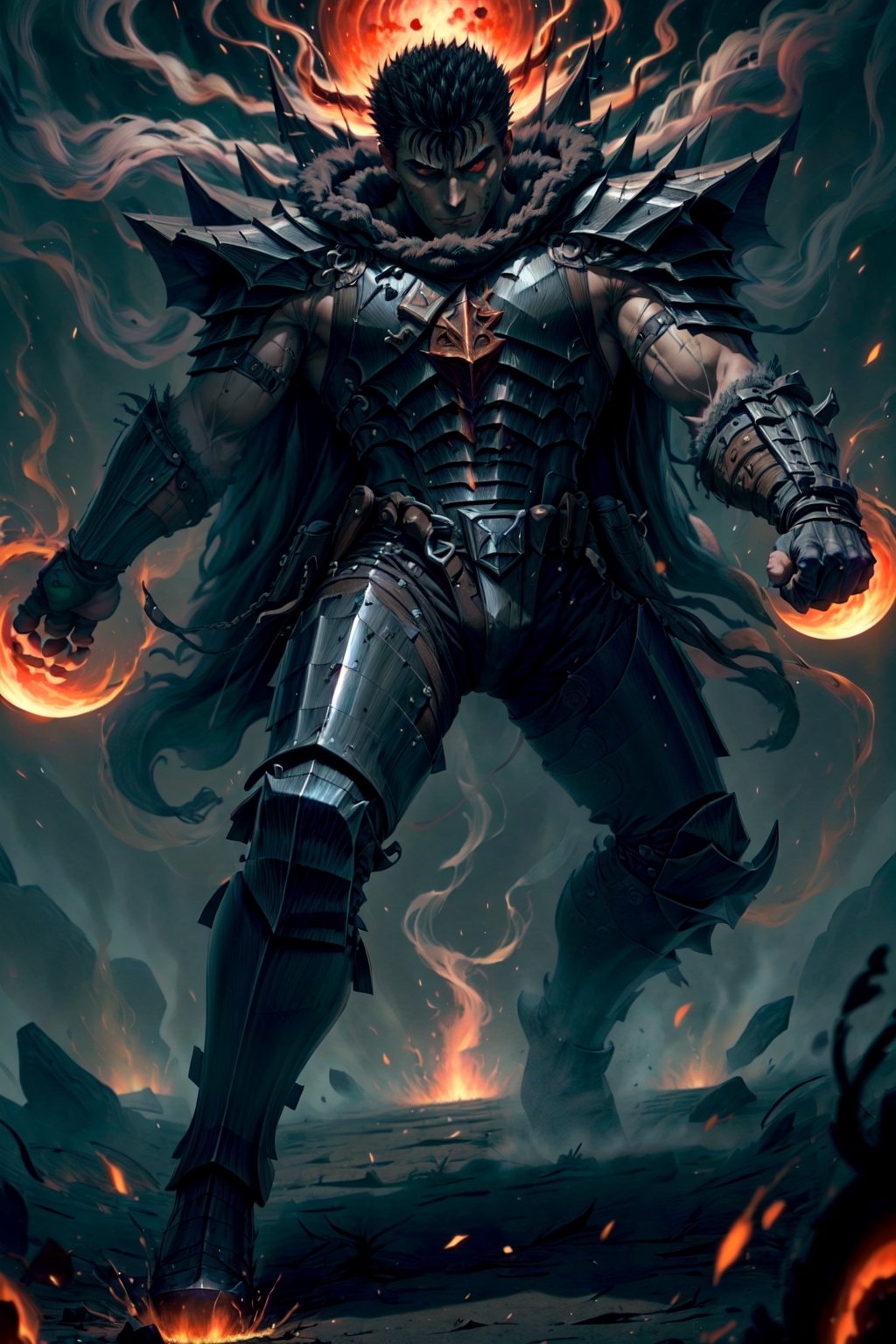 1boy, high detailed full body wide shot of guts \(berserk\) in his black Berserker Armor from the manga by Kentaro Miura, swinging a giant buster sword that is twice his size, left arm is armored and mechanical with a hidden weapon hi-tech, scar, scar on nose, weapon on back, cape (8k, ultra-best quality, masterpiece: 1.2), ultra-detailed, best shadow, detailed hand, hyper-realistic portraits, (detailed background), glowing right eye. Godhand red behelit. Set him against a background of an Eclipse Blood Moon in raging fire with black flames dancing in the backdrop, creating a hellish inferno-like atmosphere. ((Perfect face)), ((perfect hands)), ((perfect body)), one eye closed