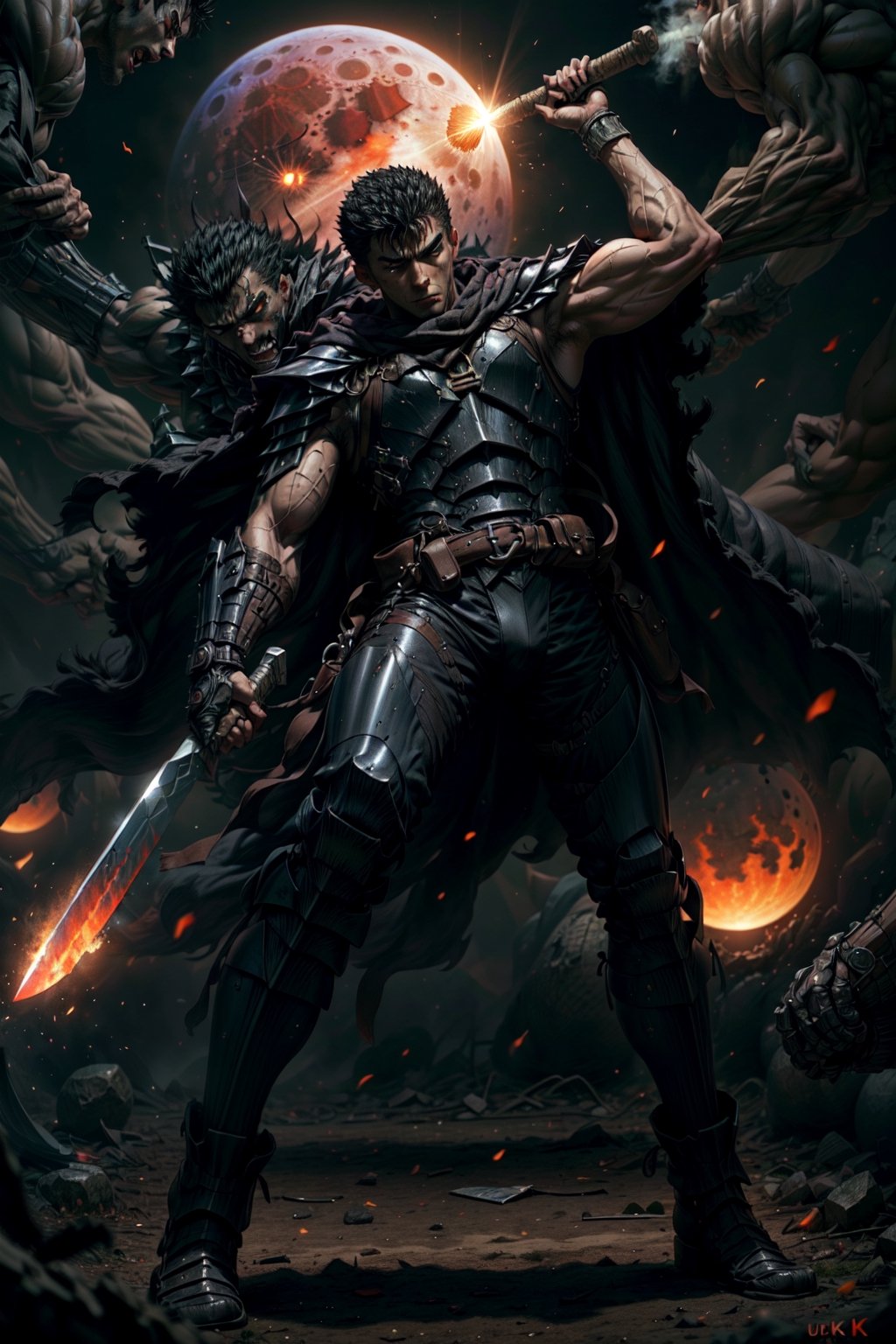 high detailed full body wide shot of 1boy guts \(berserk\) in his black Berserker Armor from the manga by Kentaro Miura, swinging a giant buster sword that is twice his size, left arm is armored and mechanical with a hidden weapon hi-tech, scar, scar on nose, weapon on back, cape (8k, ultra-best quality, masterpiece: 1.2), ultra-detailed, best shadow, detailed hand, hyper-realistic portraits, (detailed background), glowing right eye. Godhand red behelit. Set against a background of an Eclipse Blood Moon in raging fire with black flames dancing in the backdrop, creating a hellish inferno-like atmosphere. ((Perfect face)), ((perfect hands)), ((perfect body)), one eye closed