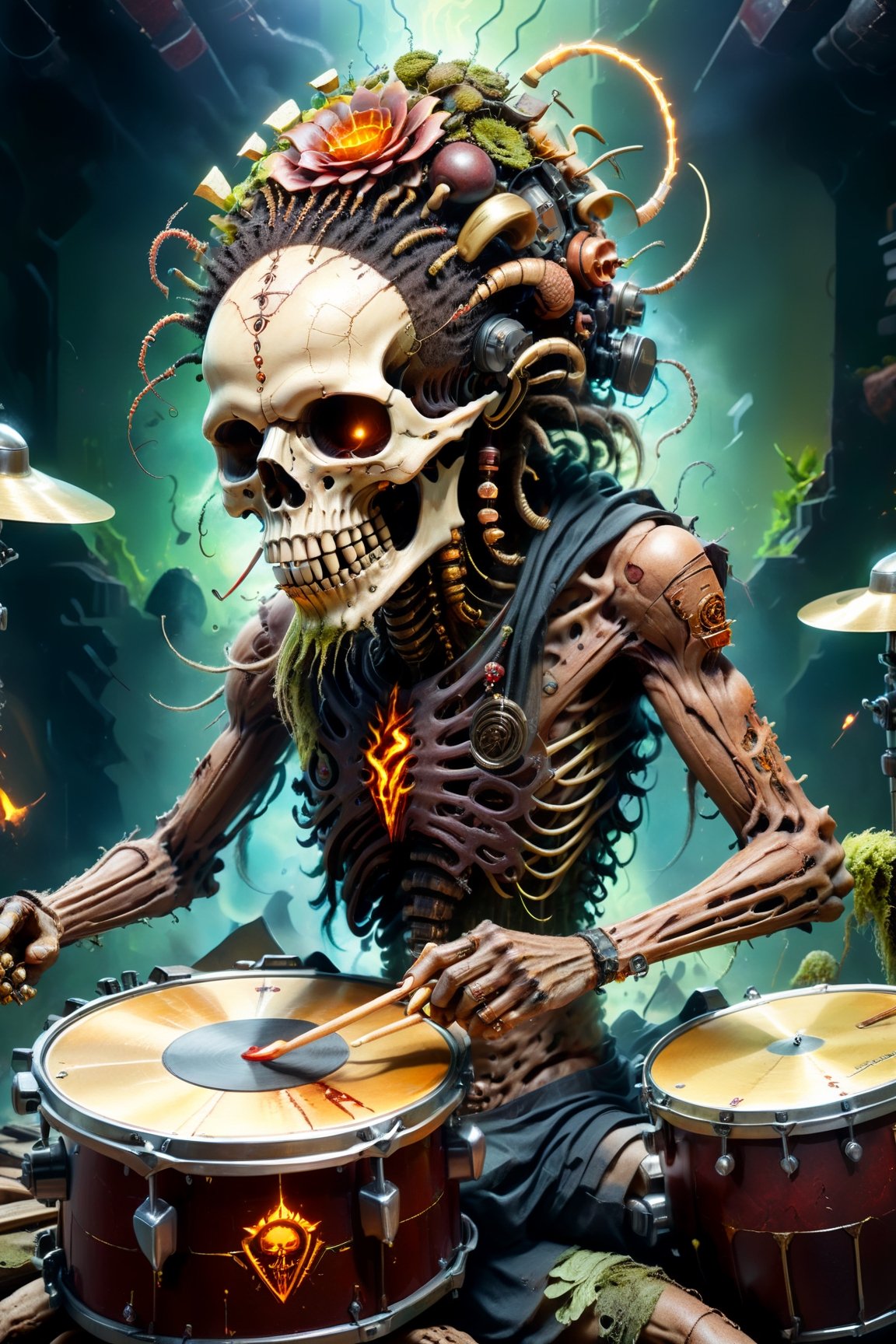 portrait of an infected anthropomorphic lifeform based on scary human skeleton with an alien-skull for a head with long dreads like bob marley, solid gold & jewlery decorated teeth, smoking a weed blunt, smoke from head, gold grille, gold and diamond necklace and jewlery, tattoos on face, A CyberZomb skater punk playing drums with drum-sticks on a drumset in a nightclub with fungus and mushrooms made of plants, wearing black ripped shirt with "AC/DC" logo on the front, strong studio lighting, h. r. giger and beksinski, highly detailed, golden ratio, tristan eaton, victo ngai, artgerm, vibrant, production cinematic character render, mossy grassfield with mushrooms growing of all kinds, DonMCyb3rN3cr0XL,HellAI,cyberpunk style,Monster,aw0k geometry,biopunk style