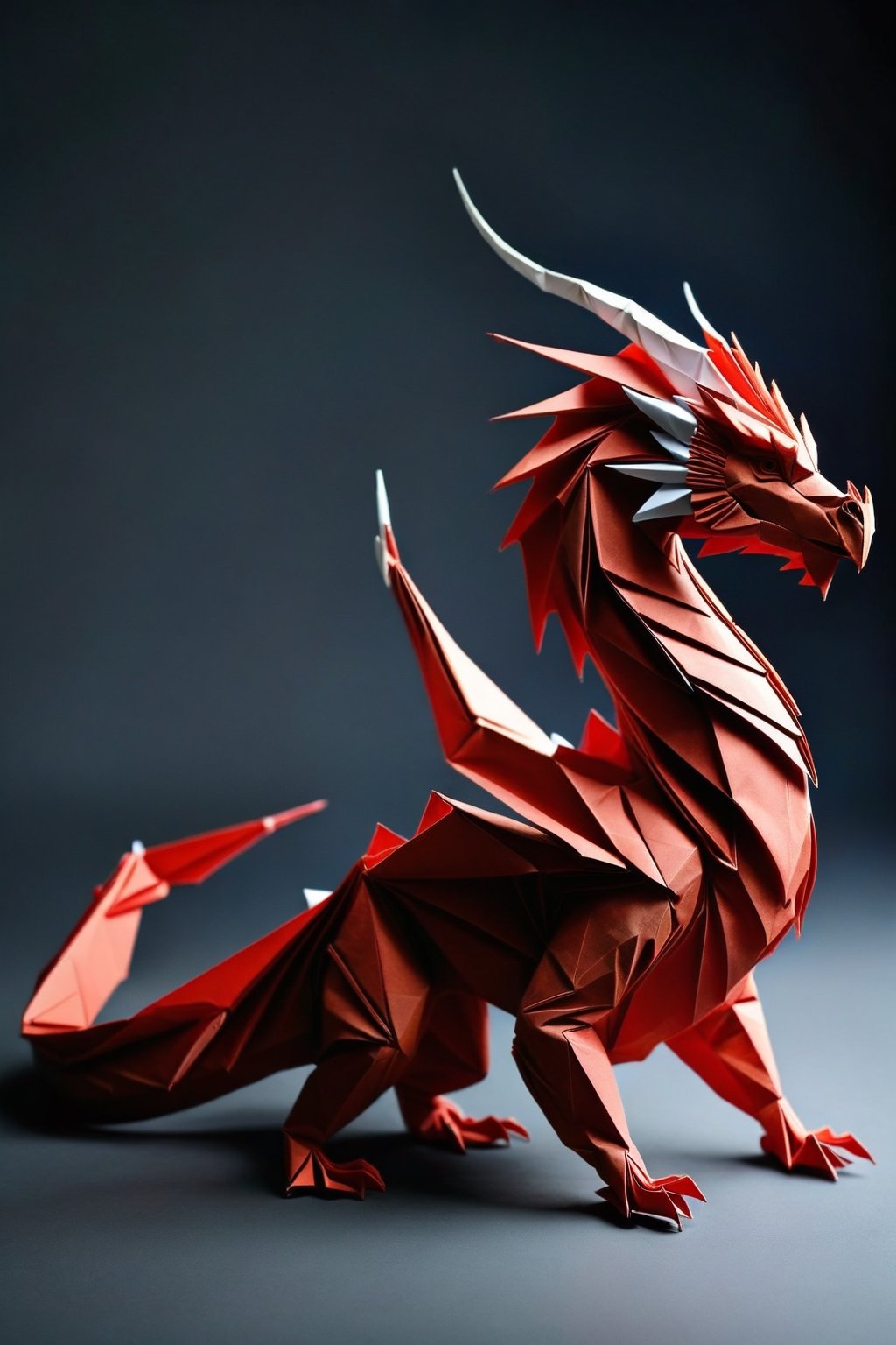 A majestic dragon, origami:1.2, grey background, full body, simple background, draco_fantasy