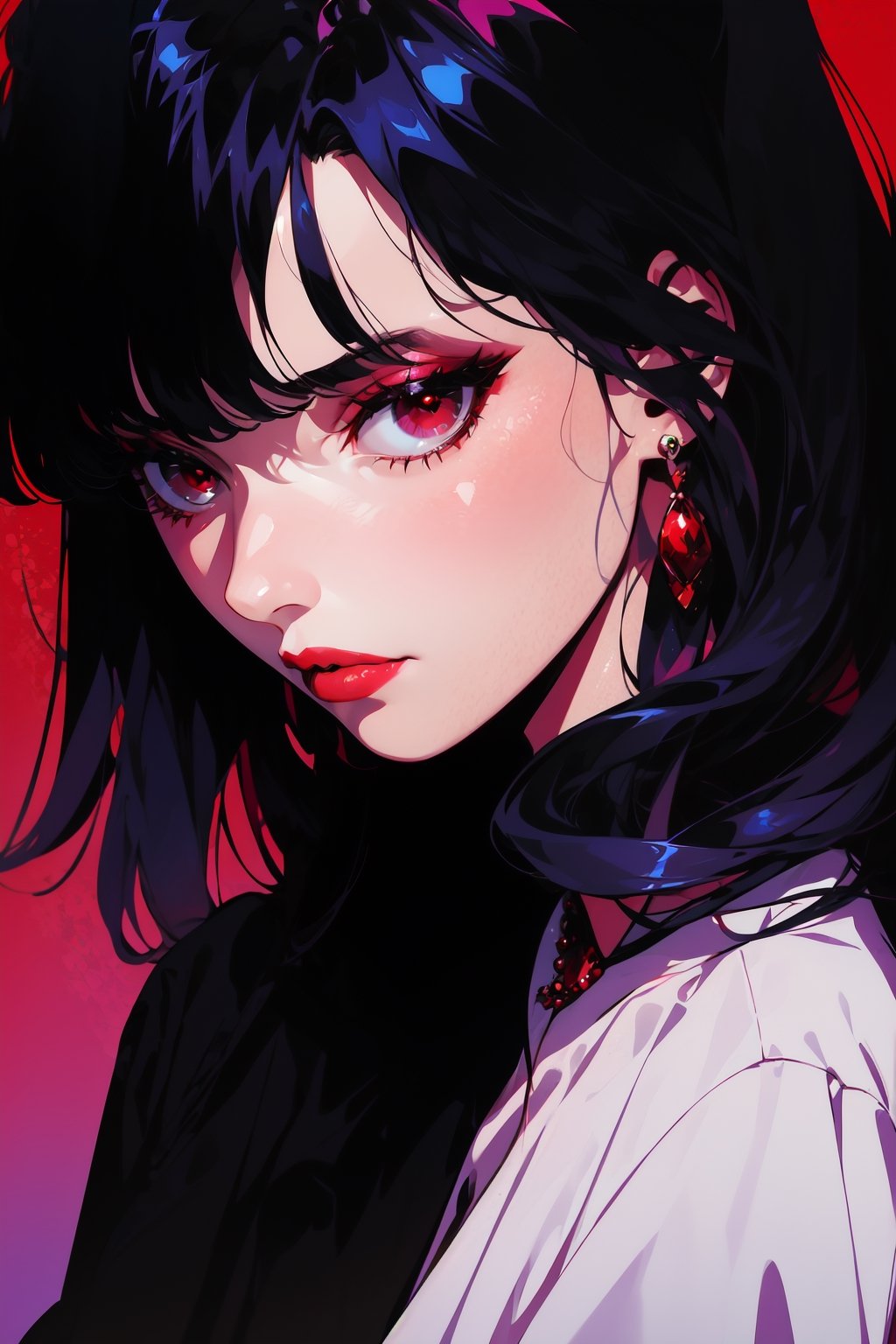 bznoir, 1girl, solo, looking at viewer, short hair, bangs, black hair, red eyes, jewelry, upper body, earrings, gradient background, makeup, lipstick, red background, red lips, tomoe hotaru