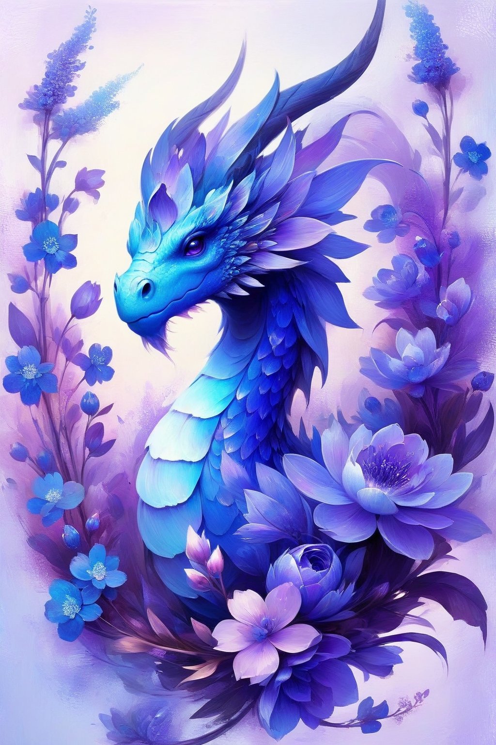  draco_fantasy, (oil painting style:1.4), flowers, A dragon adorned with blossoming blue flowers, symbolizing a blend of power and elegance, purple theme