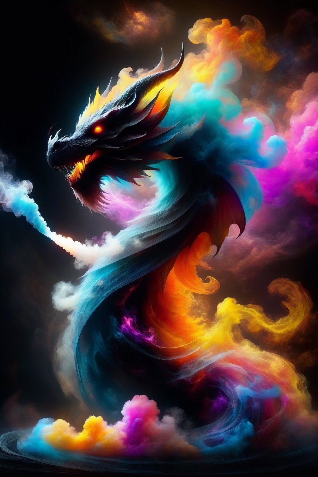 draco_fantasy, swirling dragon, black background, wavy, vibrant colours, simple background, (Mysterious and magical), colourful smoke and clouds