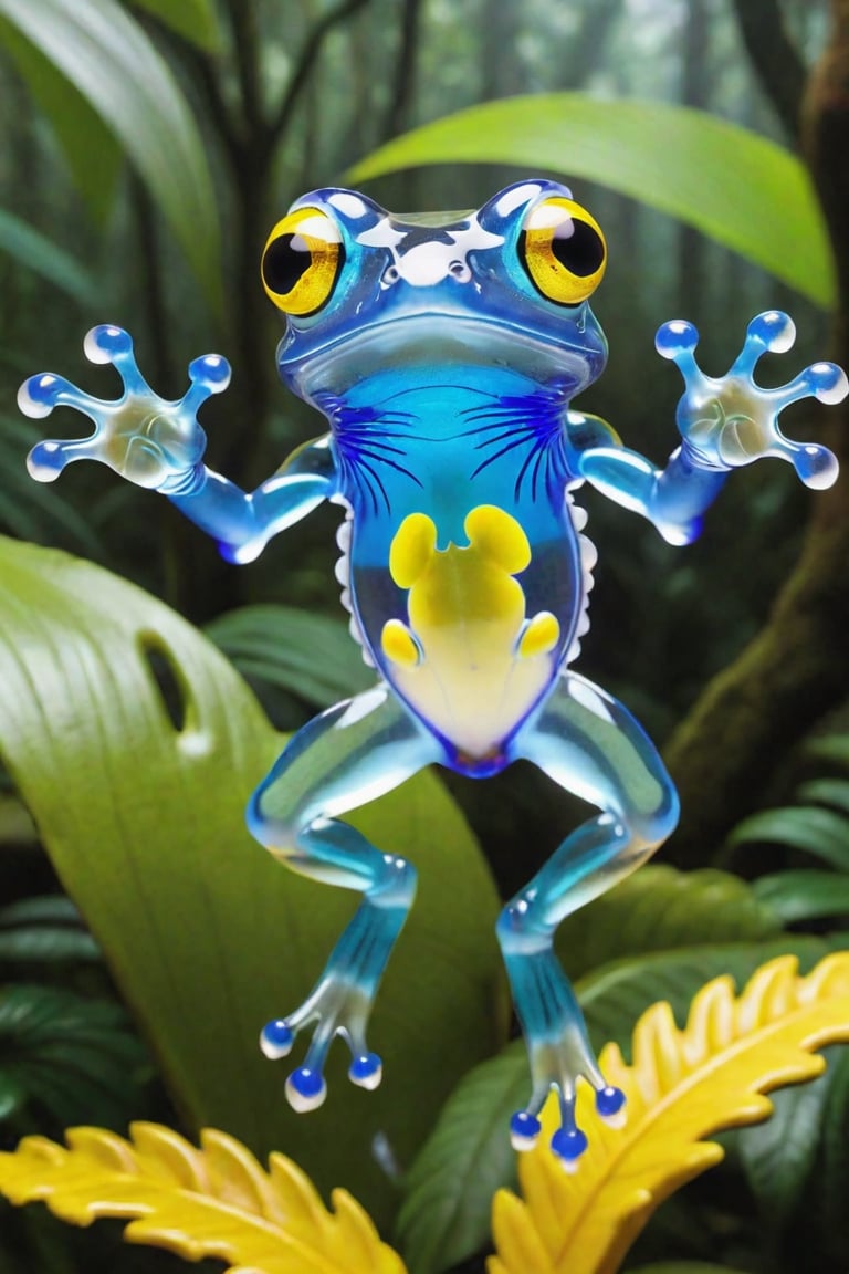 (Raw Photo:1.3) of (Ultra detailed:1.3) , (monster) 3d model of a glass frog jumping in a beautiful tropical forest, in the style of translucent layers, blues, yellows, silvers, shohei otomo, selective focus, made of plastic, baroque animals, macro lens