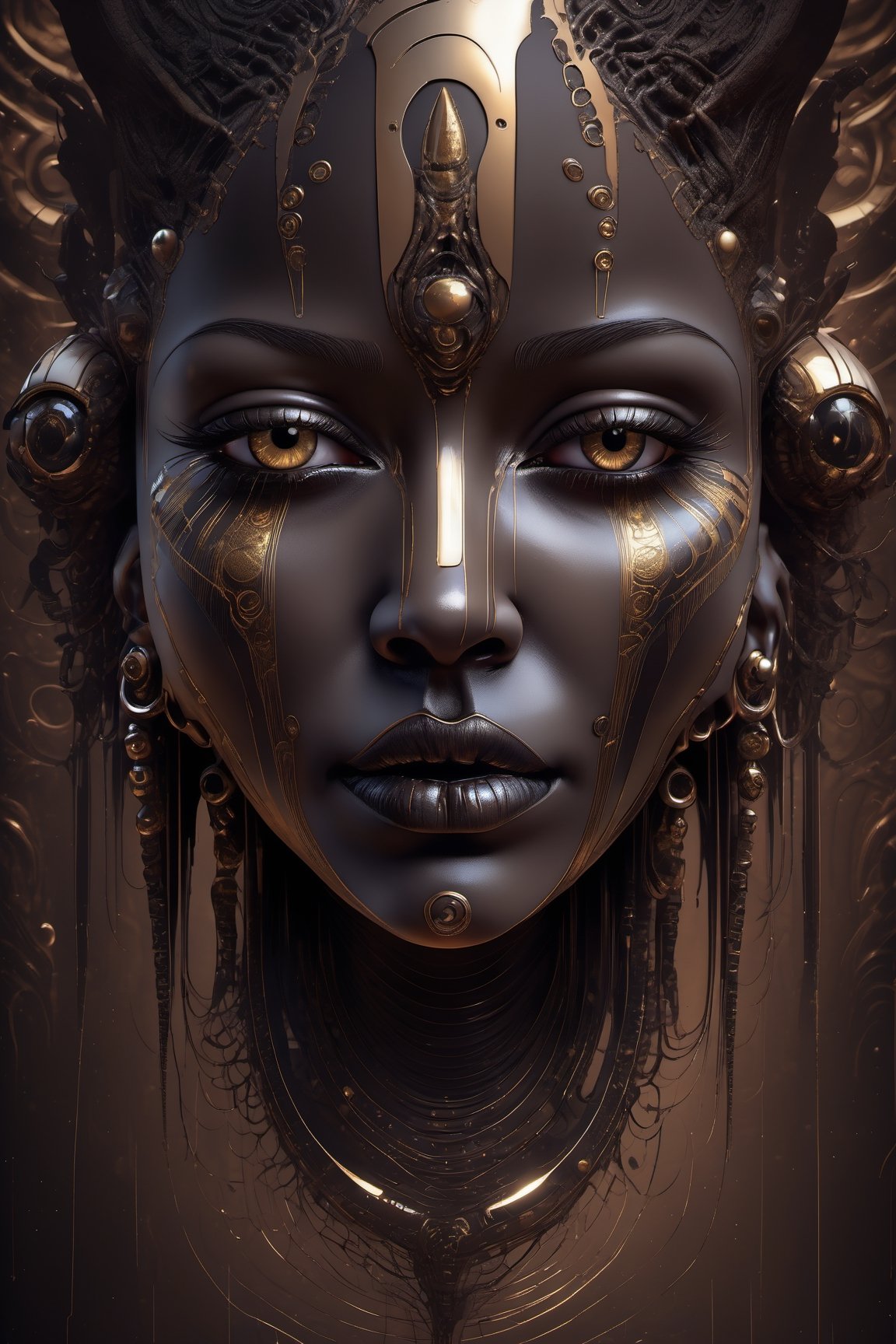 a black and Dark Gold tribal face with Tribal on it, in the style of futuristic space elements Scorn glamour, animated gifs, stefan gesell, algorithmic artistry, android jones, tim hildebrandt, pop art with a dark sine of the moon Scorn Hr Giger 