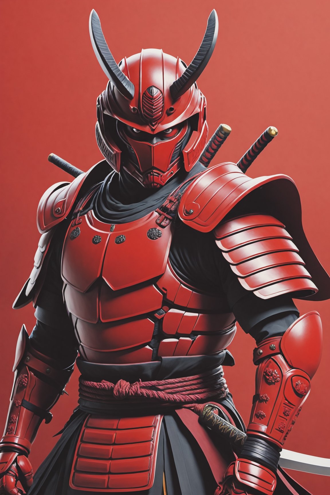 Utlrawide shot Photo realistic image a red samurai with strong body looking like a red hornet, highly detailed background,photo r3al