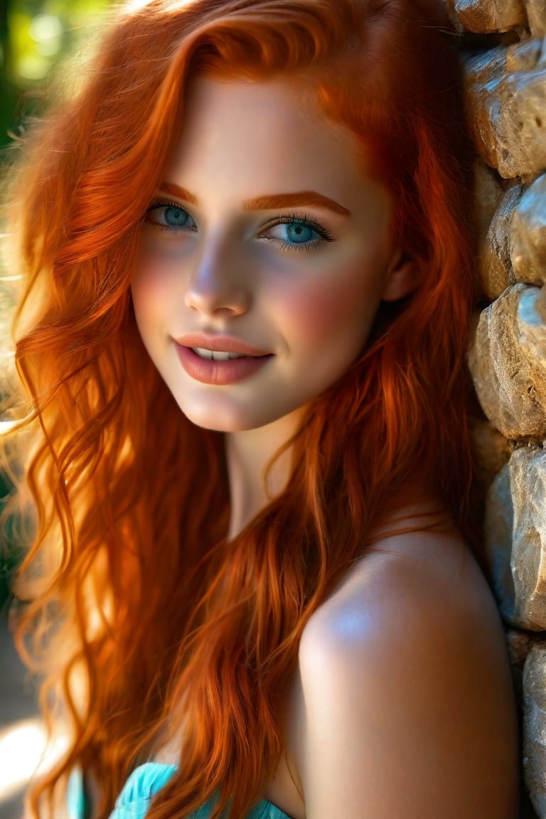 Soft focus captures the radiant beauty of a half-body portrait of a stunning red-haired girl, her fiery locks cascading down one side of her face. Warm sunlight illuminates her porcelain skin, accentuating her delicate features and bright blue eyes. She gazes directly at the camera, a subtle smile playing on her lips as she leans against a weathered stone wall, lush greenery spilling from behind.realistic