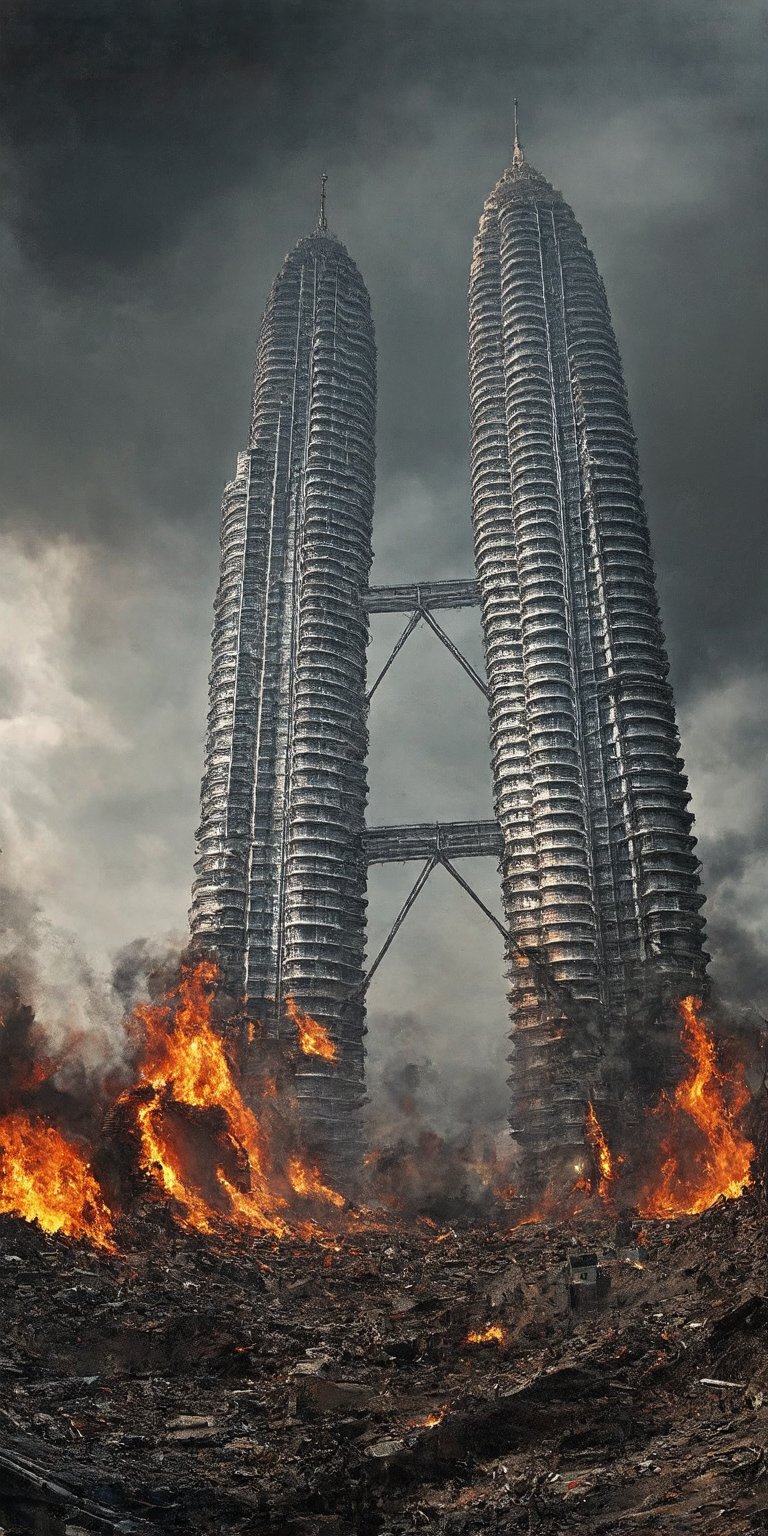 “A desolate wasteland unfolds beneath the Petronas Twin Towers' skeletal remains, ravaged by chaos and destruction. Fiery red hues engulf the apocalyptic scene as dark black clouds loom menacingly overhead, framing the ruinous landscape. Shattered bricks and twisted metal debris stretch out like a twisted canvas, exquisitely captured in ultra-high quality RAW detail, evoking a cinematic still from the masterful brushstrokes of Greg Rutkowski"