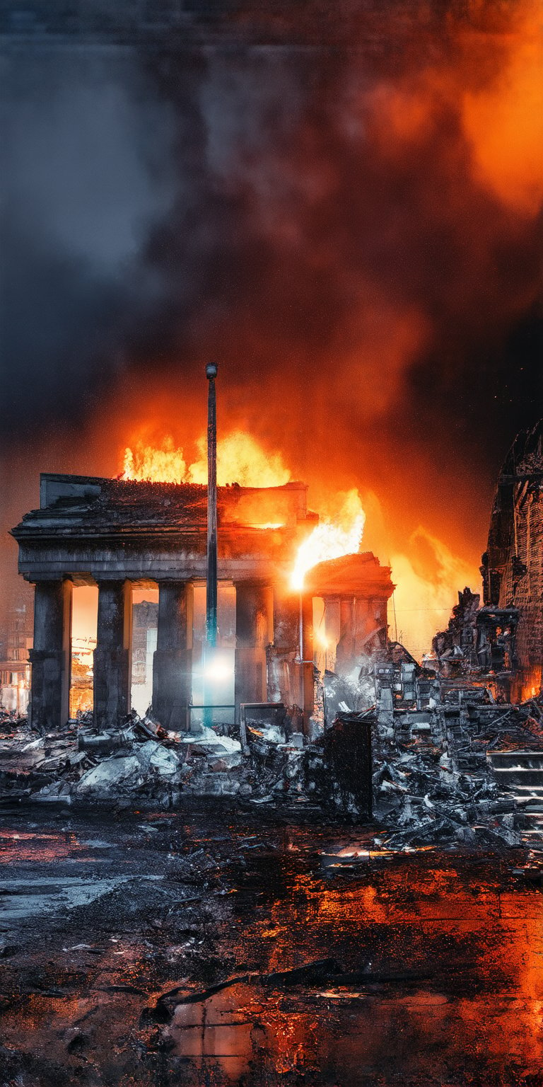 “A devastating street view of some ruins that appear to be the shattered remains of what was once the Brandenburg Gate in Berlin, ravaged by chaos and destruction, under a fiery red sky ablaze with flames, dark black clouds loom menacingly overhead, framing the ruinous scene"