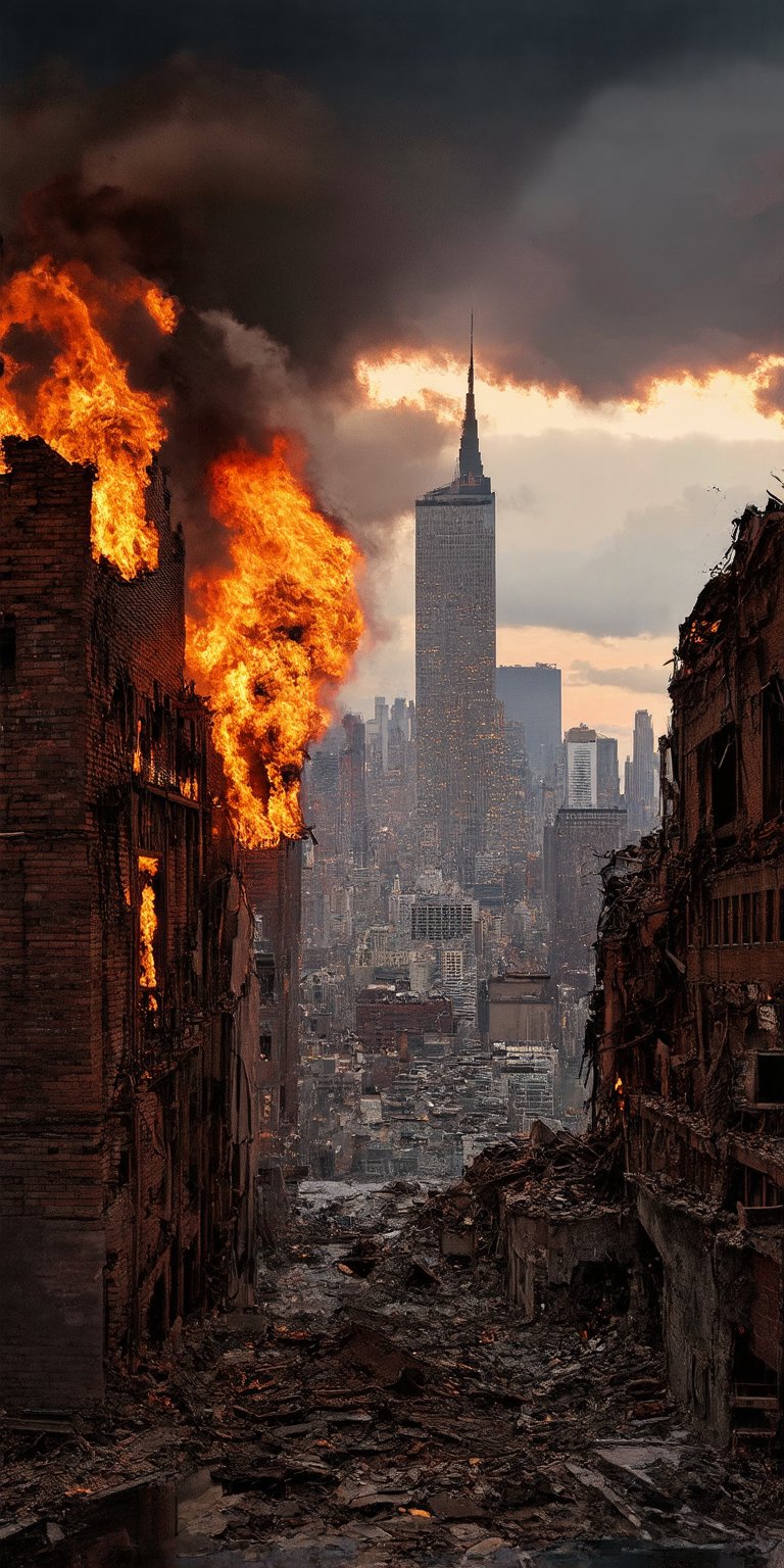 “A devastating view of Manhattan, New York City, ravaged by chaos and destruction, under a fiery red sky ablaze with flames, dark black clouds loom menacingly overhead, framing the ruinous scene. Perfect composition, showcasing every shattered brick and twisted metal, as if plucked from a cinematic still."