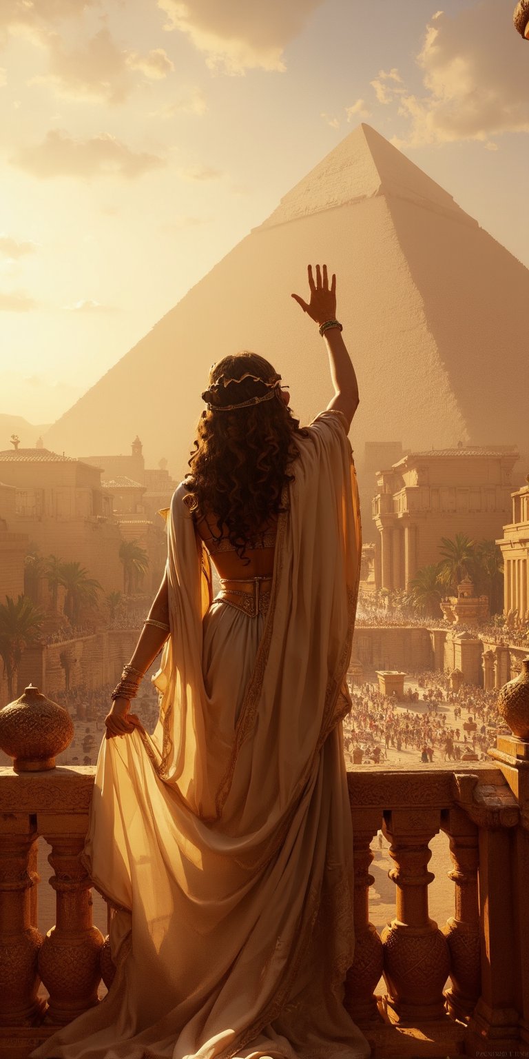 Cleopatra's Regal Greeting: A majestic shot of Cleopatra standing at the edge of her grand balcony, waving enthusiastically to a vast crowd of people gathered below in the ancient city. The camera is centered on her regal figure, with the stunning architecture of Egypt's palaces and pyramids forming a picturesque backdrop. Soft golden light illuminates the scene, casting a warm glow over the vibrant atmosphere., woman,realistic, low angle