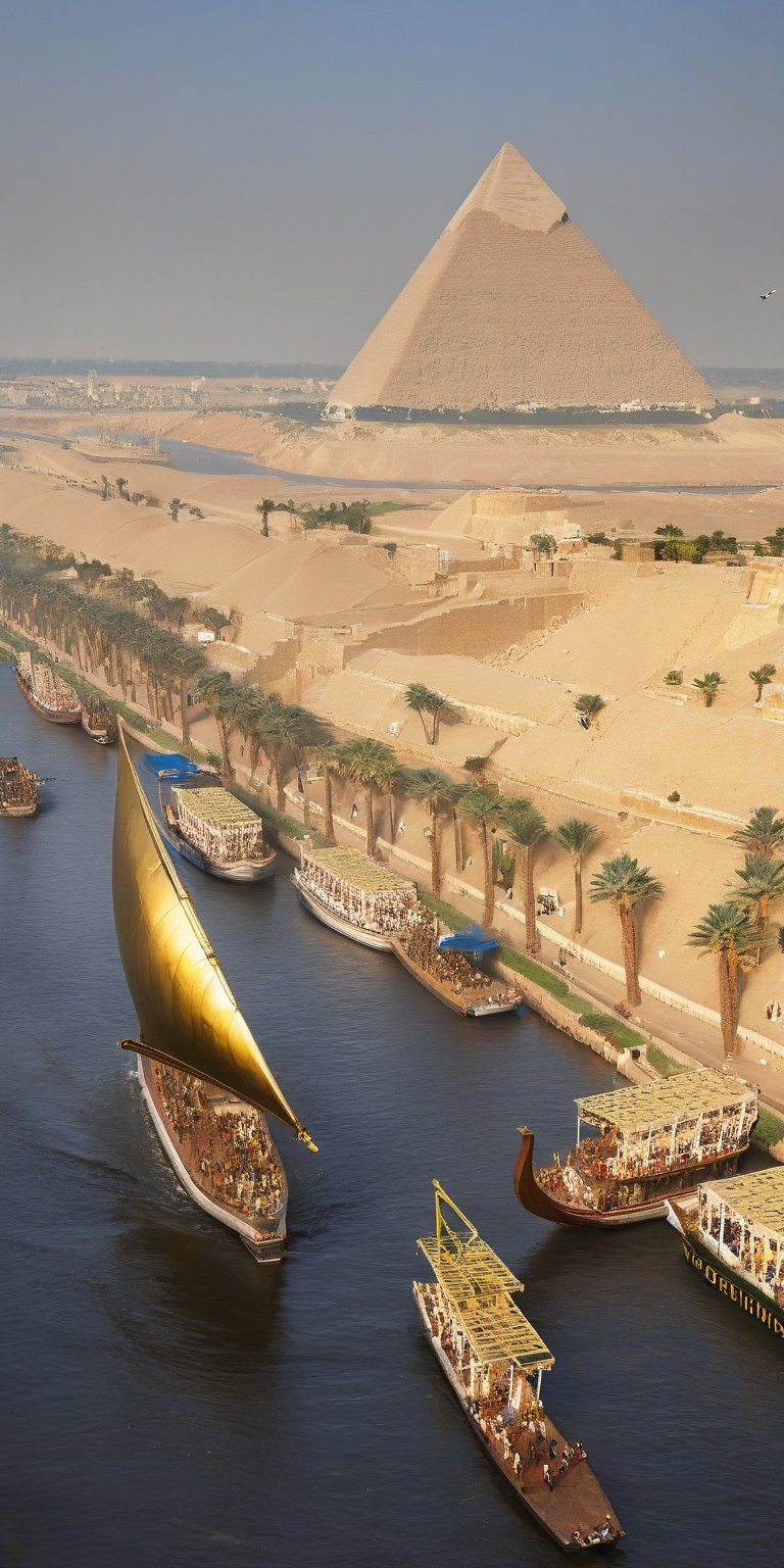 A majestic shot captures the bustling port on the River Nile as ancient pharaohs' reign begins. The newly constructed Great Pyramid of Giza, cloaked in gleaming white limestone slabs, majestically rises into the sky, its apex adorned with glittering gold. Vessels and boats navigate the river, while workers busily unload goods amidst the vibrant market scene. In the distance, the pyramid's grandeur dominates the horizon, a testament to human ingenuity and architectural mastery.,Egyptian mythology style