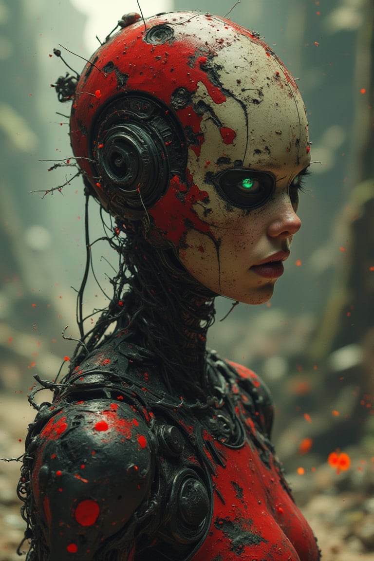 Full length view. Red and black cyborg woman. A dynamic picture, the whole body of the cyborg is in motion. Porcelain face and head, no hair, detailed realistic close-up, dirt, dust, Canon 5d cinematic frame, ultra skin, porcelain face and head, beautiful hands, detailed macro, photographs, cool look, action, big turquoise eyes, perfect eyes, best quality, extremely sharp focus on the face, minimalism. full-length cyborg woman, whole body in motion, subtleties of analog cinema, post-apocalyptic, cinematic, realistic, fashionable art station. Studio photography details in focus Very busy Rutkow complex Raw 4k 8k Isometric digital smog, 3D rendering, porcelain face and head. Volume Octane Science Fiction Artistic Masterpiece Sinister Matte Painting Movie Poster, Golden Ratio, cgsociety, Ultra HD, Realism, Vibrant Colors, High Detail, UHD drawing, pen and ink, perfect composition, beautiful detailed complex insanely detailed octane rendering, trending on artstation, 8k art photography, photorealistic concept art, soft natural atmosphere, perfect cinematic lighting, broken glass effect, no background, stunning, then, which doesn't even exist .








