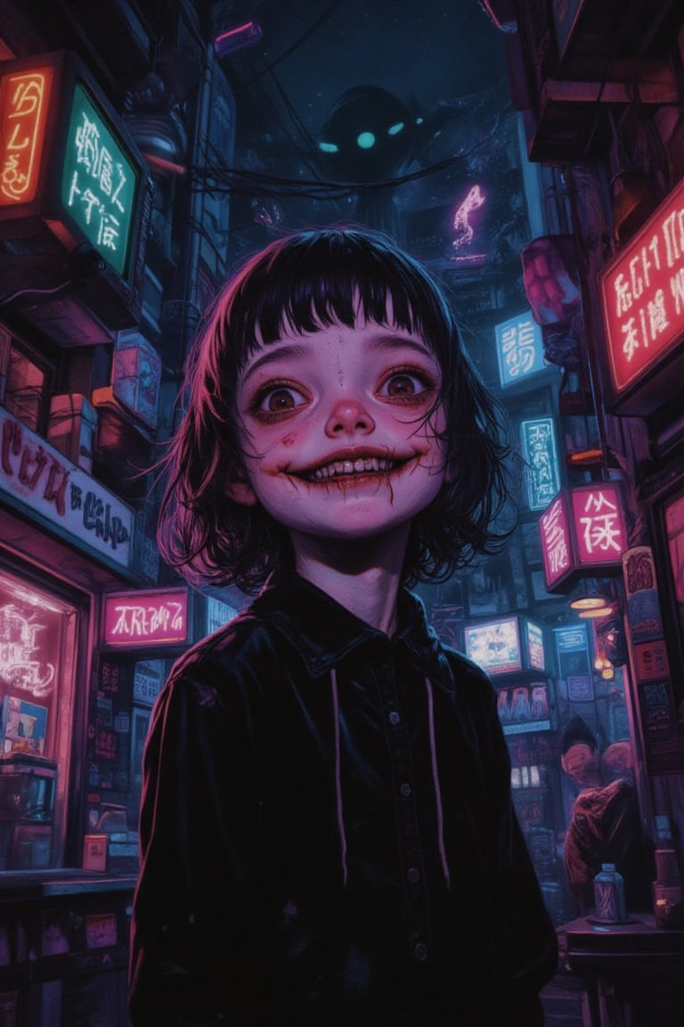 Outer space, tv on, vibrant neon, grainy, eerie environment. creepypasta is a scary entity in the form of a girl with very big eyes and a scary smile...in the style of elson peter, diego dyer, peter mohrbacher, karol bak.focus on 1 full body frame. focus on 32k hyper hd, masterpiece, best quality, ultra detail 1.6 solo, 1 female entity imbued with the essence of cypherpunk aesthetics.