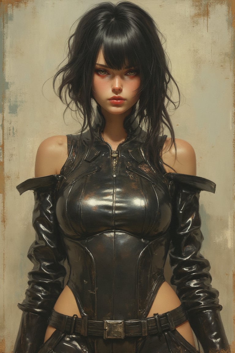 Full length view. Portrait of a combat Android. Cyberpunk. instaport style, art deco. Beautiful ideal face, beautiful expressive look, perfect anatomy. A beautiful cinematic impressionistic painting in the style of Pino Daeni by Jeremy Mann and Charles Dana Gibson, Mark Demsteder, Paul Headley. smooth, natural leather.