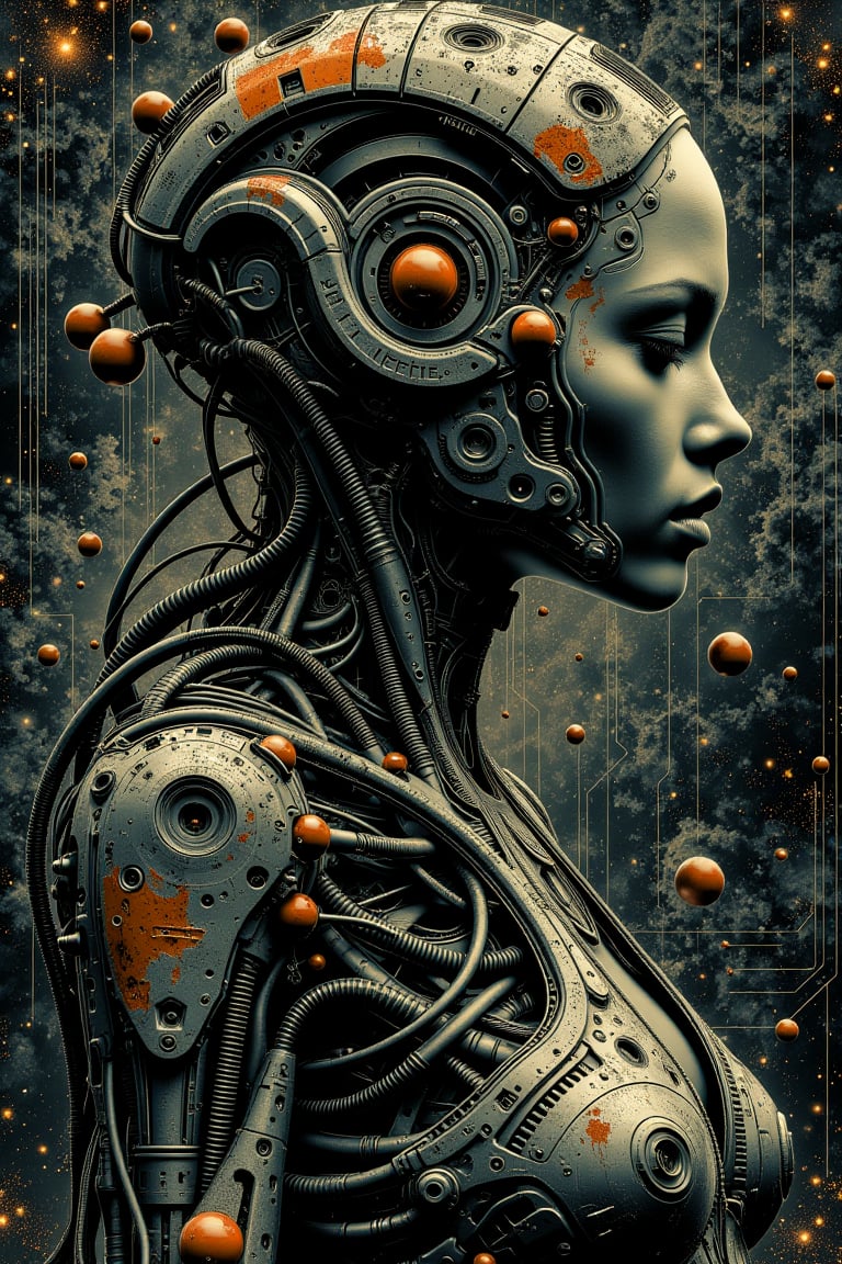 a woman in a futuristic suit with orange balls, oil painting, heavy strokes, paint dripping )) - Unreal Engine 3D; Symbolism; Colourful; Polished; Complex; UHD; D3D; 16K", full color painting of biomechanical cyborg, low contrast, soft cinematic light, exposure blend, hdr, front, centered, symmetry, painted, intricate, volumetric lighting, beautiful, rich deep colors masterpiece, sharp focus, ultra detailed, in the style of dan mumford and marc simonetti, astrophotography