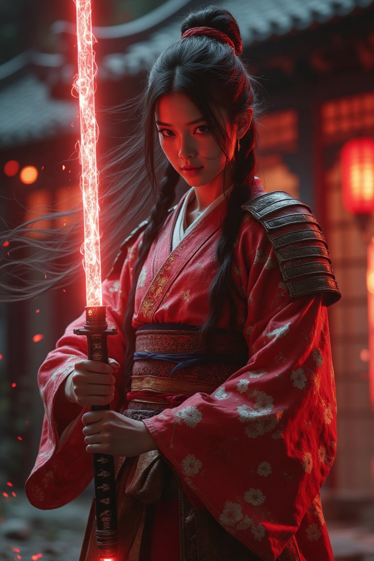 samurai girl wearing a kimono with shoulder armor, she's holding a katana glowing with red energy, her long hair is flowing in the wind, she stands in a dojo training for her next battle. (maximum ultra high definition image quality and rendering:3), maximum image detail, maximum realistic render, (((ultra realist style))), realist side lighting, , 8K high definition, realist soft lighting, (amazing special effect:3.5). S1n0z1ck style, mythp0rt, samurai