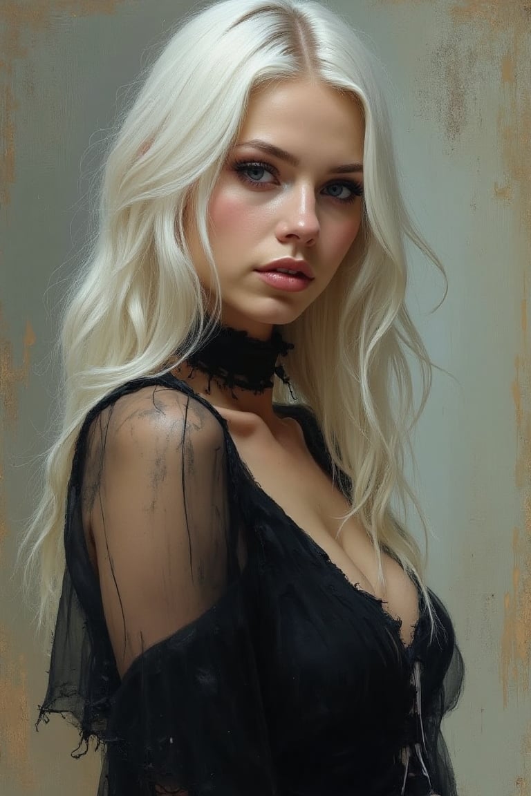 Soft impressionist brush strokes, canvas texture, tight crop, muted colors, portrait painting, female supermodel, white long hair, black dress, goth fashion, intricate detail, detailed eyes, realistic, by jean-baptiste monge20, artgerm5, greg rutkowski30, richard schmid10, action pose20