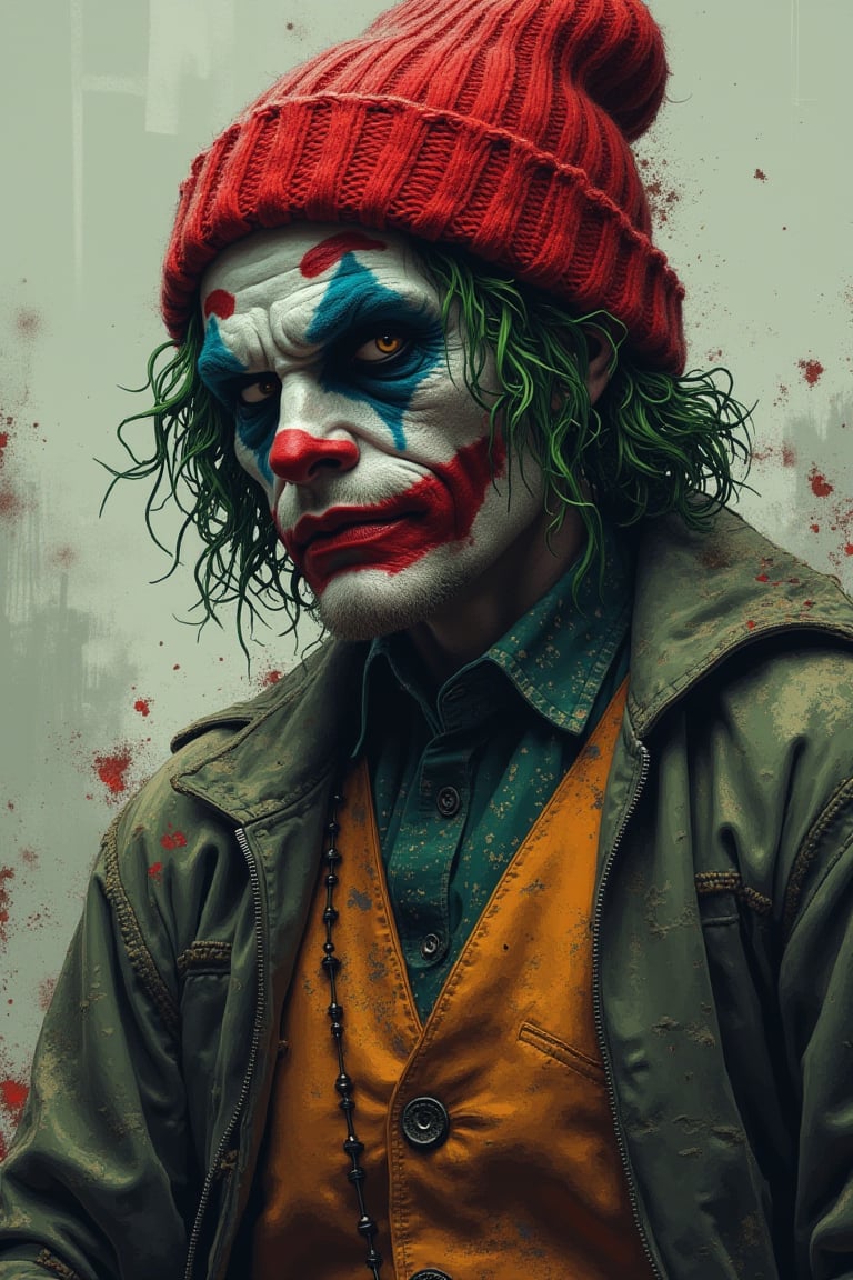 (masterpiece), (Highest quality), (Super detail) (Ultra high resolution), (Best illustrations), 8k, wallpaper, (Joker in a knitted sports cap, terrible shabby look). (Detailed skin texture: 1.4) (Close-up of upper body: 2.0) disturbing and grotesque world,
with a muted palette and dry brush technique creating a feeling of hopelessness, desolation, hopelessness, dirt. (psychedelic.Neon art/progressive.(Detailed arms:2.0) Perfect body anatomy.