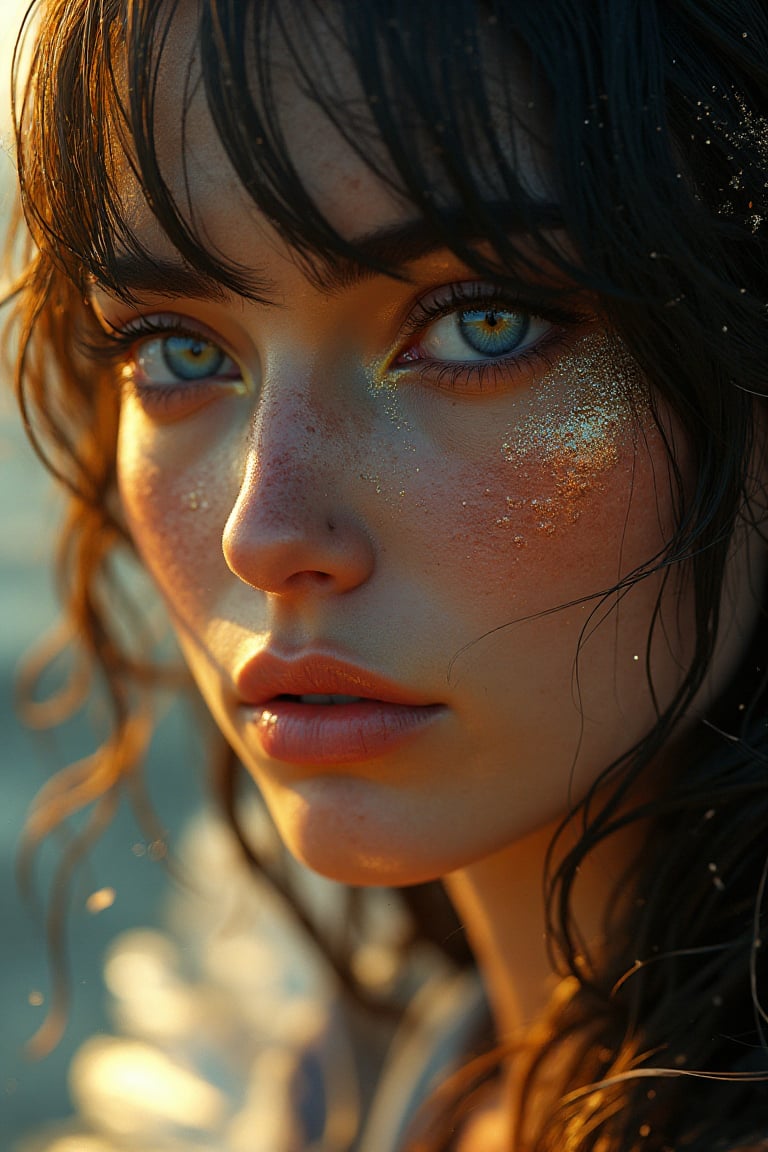 Dark Angel. Concept art by Pino Daeny, Jeremy Mann, Greg Rutkowski, Konstantin Razumov, Vladimir Volegov, Realistic portrait of a dark angel, close-up, 8k, with soft blue eyes, golden spirit, golden threads, beautiful natural landscape against the sea, key light reflected in eyes, painted background, studio portrait, soft light, oblique lighting, eye flicker, background bokeh, painterly, yellowish coloration, (face detail: 1.3), (eye detail: 1.3 , 8K, HDR, RGB, Ultra-HD, effect, stunning, what does not even exist, a mythical creature, energy, molecular textures, iridescent and luminous scales, breathtaking beauty, pure perfection, divine presence, unforgettable, impressive, breathtaking beauty, volumetric light, auras, rays, reflection of bright colors, centered, symmetry, painted, intricate, volumetric lighting, beautiful, rich deep colors masterpiece, sharp focus, ultra detailed, in the style of dan mumford and marc simonetti, astrophotography. artillery