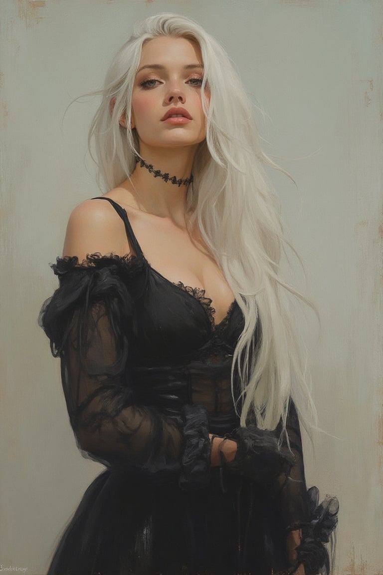 Soft impressionist brush strokes, canvas texture, tight crop, muted colors, portrait painting, female supermodel, white long hair, black dress, goth fashion, intricate detail, detailed eyes, realistic, by jean-baptiste monge20, artgerm5, greg rutkowski30, richard schmid10, action pose20