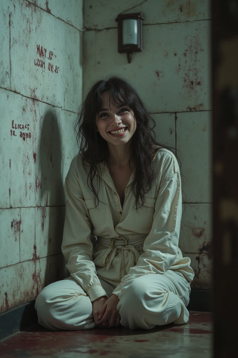 Highly detailed and atmospheric scene of a young woman with disheveled hair, sitting on the floor in the corner of a large padded room. She has a disturbing grin on her face, with wide-open spiraling pupils. Her head is tilted to the right, giving her a demented look. She’s wearing a clearly visible white straitjacket, tightly secured, and loose white cotton jogging pants. The walls are covered in strange, bloody inscriptions, adding a ritualistic and eerie atmosphere. The room is completely empty, except for her, sitting in the padded space. The lighting emphasizes the unsettling atmosphere, with intricate details on her expression, the texture of the padded walls, and the bloody writings.