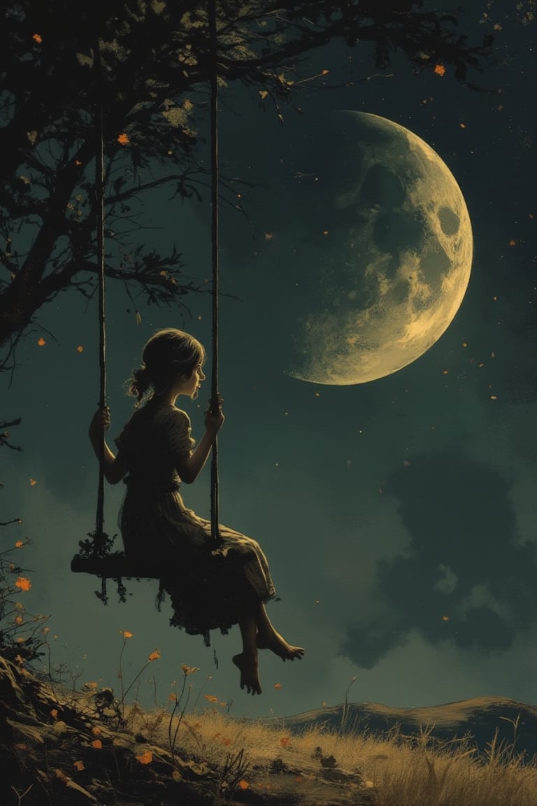 This Andrew Wyeth - The Art of Andrew Wyeth - with a muted floral palette and dry brush technique that creates a feeling of calm.(animation. Girl on a swing, tied to a crescent moon, night, Romance, fairytale background) (minimalism: 1) . Dietary composition, ideal anatomy.







