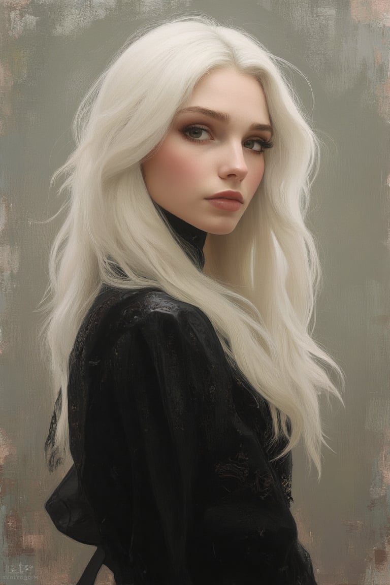 Soft impressionist brush strokes, canvas texture, tight crop, muted colors, portrait painting, female supermodel, white long hair, black dress, goth fashion, intricate detail, detailed eyes, realistic, by jean-baptiste monge20, artgerm5, greg rutkowski30, richard schmid10, action pose20