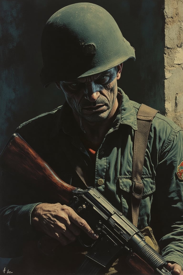 1943 war. Style by Katsuhiro Otomo, chemiluminescence. true evil. (Soviet Soldier with Rifle), Creepy, (Minimalism 1), Stephen Gammell Style Ray Tracing Details 
