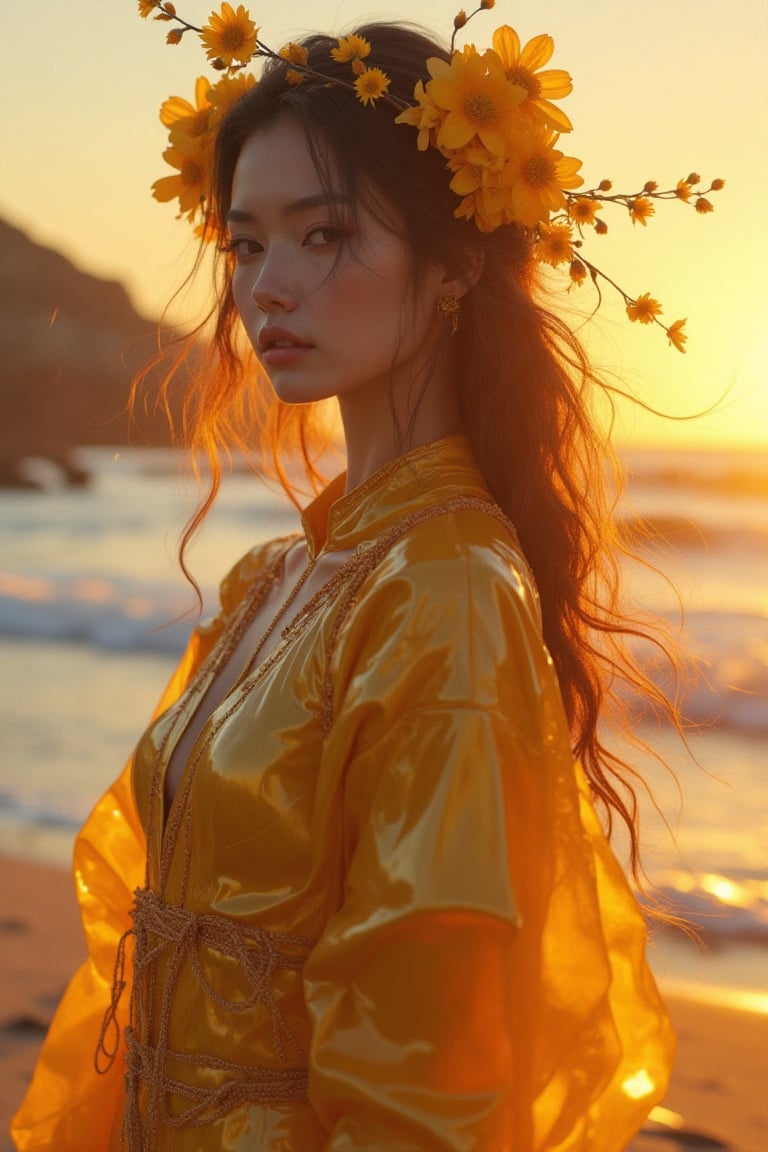 Create a picturesque image of a tranquil beach in the charming artistic style of Pino Daeni. A woman in a futuristic suit with dark yellow cherry blossom flowers. Beautiful face, perfect anatomy, perfect eyes, detailed eyes. Capture the beauty of a serene Sunday evening as the sun sets over the ocean. Use a medium perspective with the Canon EOS R6 Mark II and Sigma 50mm f/1.4 DG HSM Art Lens to achieve highly detailed, photorealistic and romantic images. Enjoy the warm golden hues of the sunset reflected in the calm waves and soft sandy beach. Be sure to include a woman in a futuristic costume with dark cherry balloons. Beautiful face, perfect anatomy, perfect eyes, detailed eyes., conveying a feeling of love and relaxation. The image should be in high resolution, ideally 8K, with a fabulous and emotionally evocative atmosphere, reminiscent of a Pino Daeni painting, broken glass effect, no background, amazing, something that doesn't even exist, mythical creature, energy, molecular