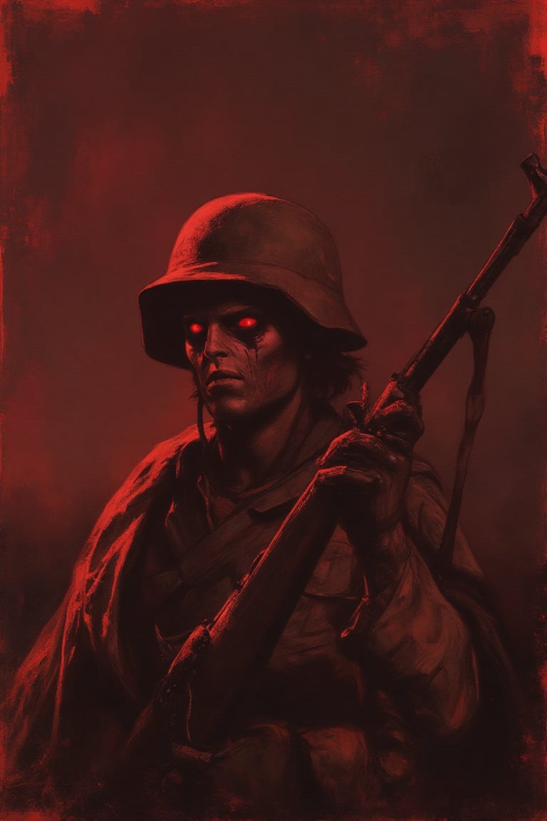 1943 war. Style by Katsuhiro Otomo, dark crimson, chemiluminescence. true evil. (Soviet Soldier with Rifle), Creepy, (Minimalism 1), Stephen Gammell Style Ray Tracing Details - Stephen Gammell Style iaya
