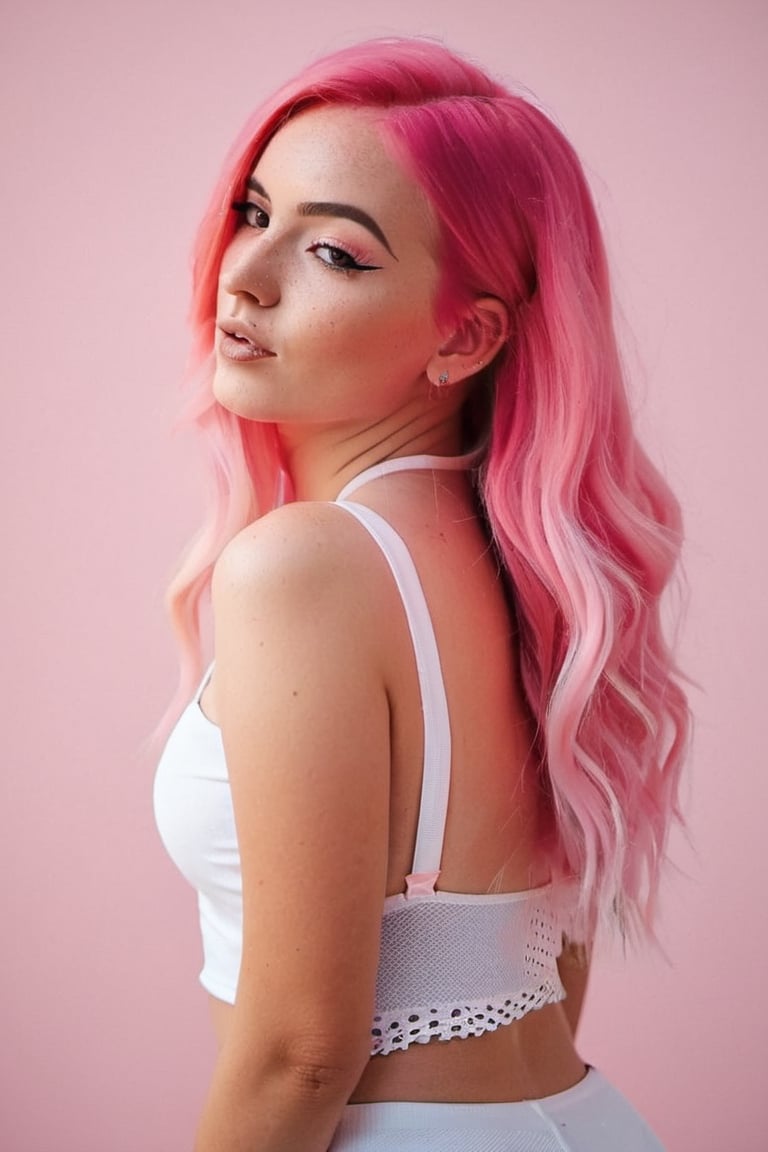 Young girl with pink hair and round butt