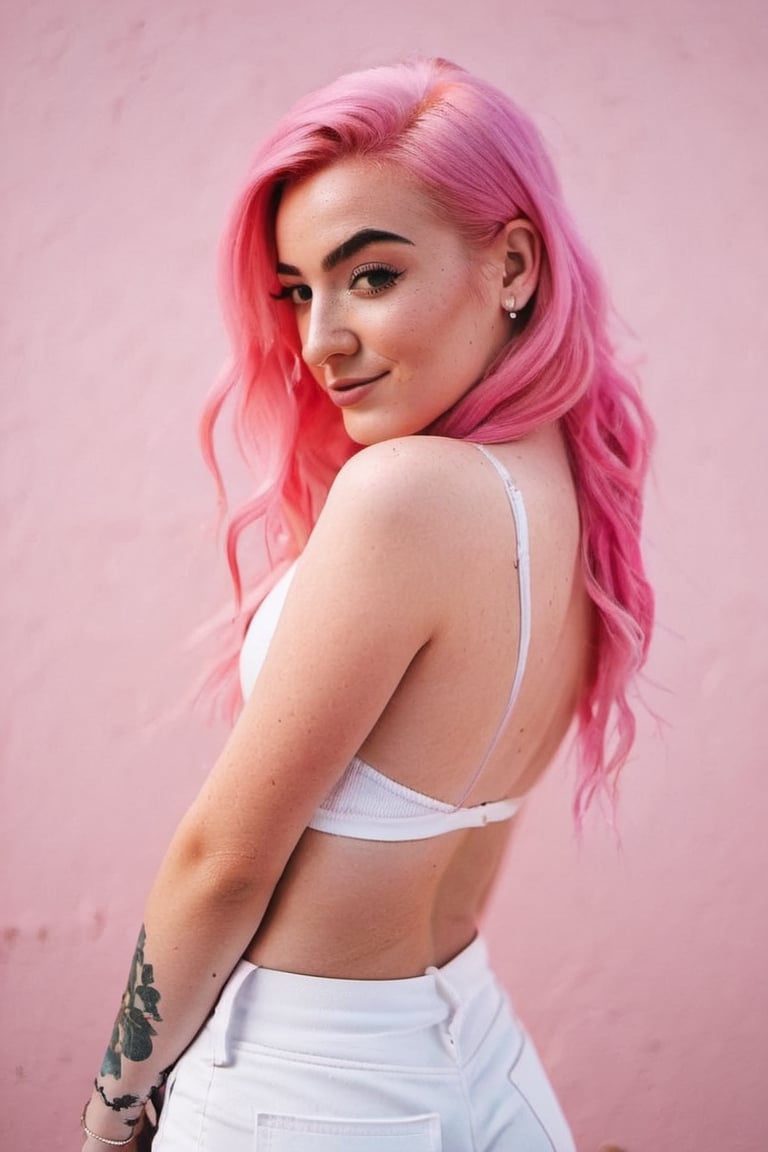 Young girl with pink hair and round butt