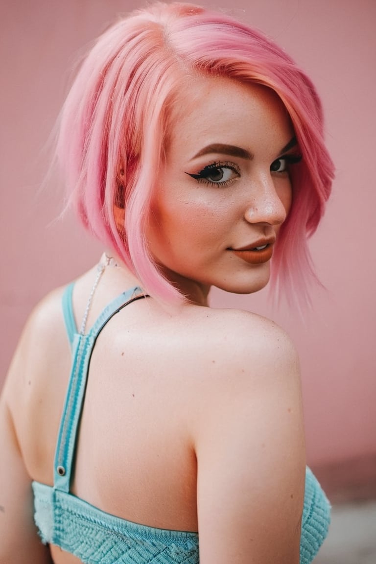 Young girl with pink hair and round butt