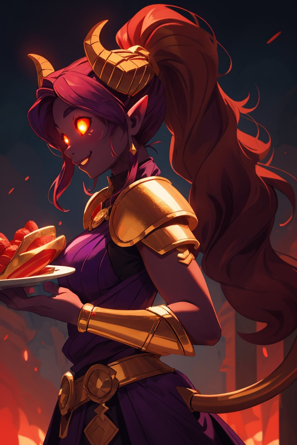 masterpiece, best quality, ultra-detailed, 1girl, mature face, draenei, breasts, ((long purple hair, wavy hair, ponytail)), medieval plate armor, chestplate, paldrons, cathedral background, volumetric lighting, intricate details, sharp focus, hyper detailed, perfect hands, (smiling), ((glowing eyes, gold eyes)), (colored skin, red skin:1.5), (horns, tail), side view,