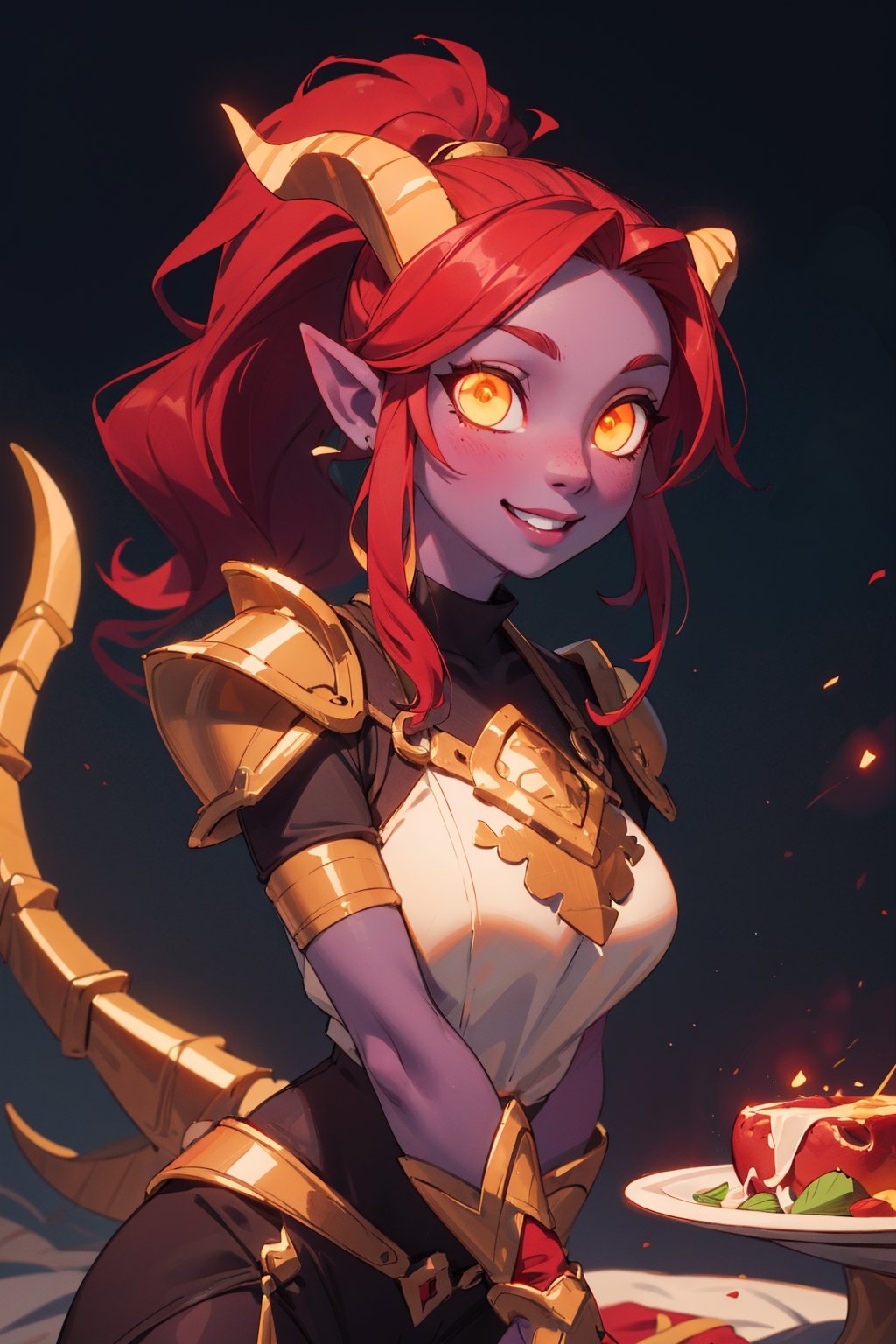 masterpiece, best quality, ultra-detailed, 1girl, mature face, draenei, breasts, ((long purple hair, wavy hair, ponytail)), medieval plate armor, chestplate, paldrons, cathedral background, volumetric lighting, intricate details, sharp focus, hyper detailed, perfect hands, (smiling), ((glowing eyes, gold eyes)), (colored skin, red skin:1.5), (horns, tail), 