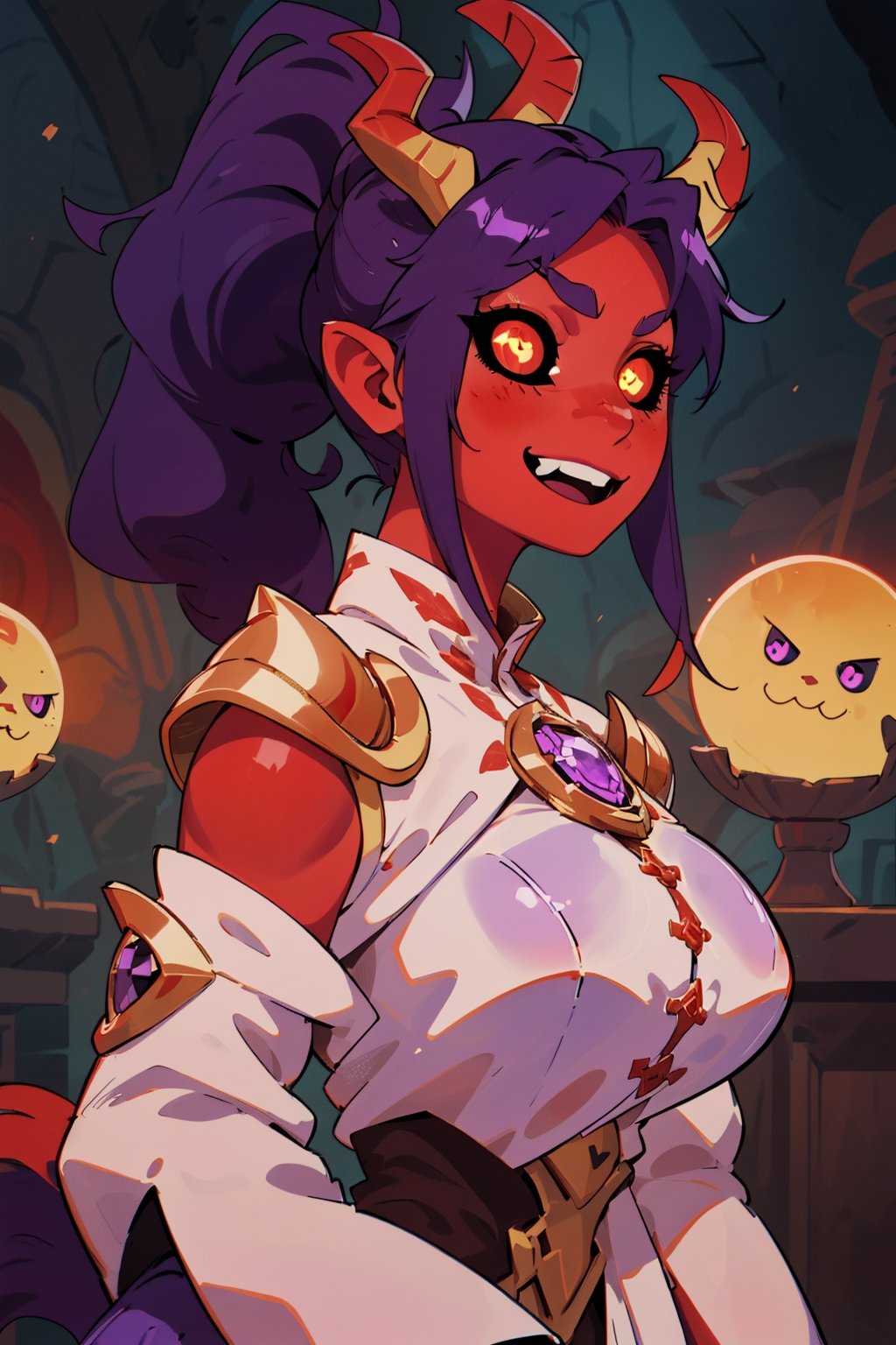 masterpiece, best quality, ultra-detailed, 1girl, mature face, draenei, (((colored skin, red skin:1.5))), breasts, muscular arms, ((purple hair)), (wavy hair, ponytail), golden medieval armor, chestplate, paldrons, priestess robes, paladin, cathedral background, volumetric lighting, intricate details, sharp focus, hyper detailed, perfect hands, (smiling, fangs), ((glowing eyes, gold eyes)), (horns, tail), side view, black sclera