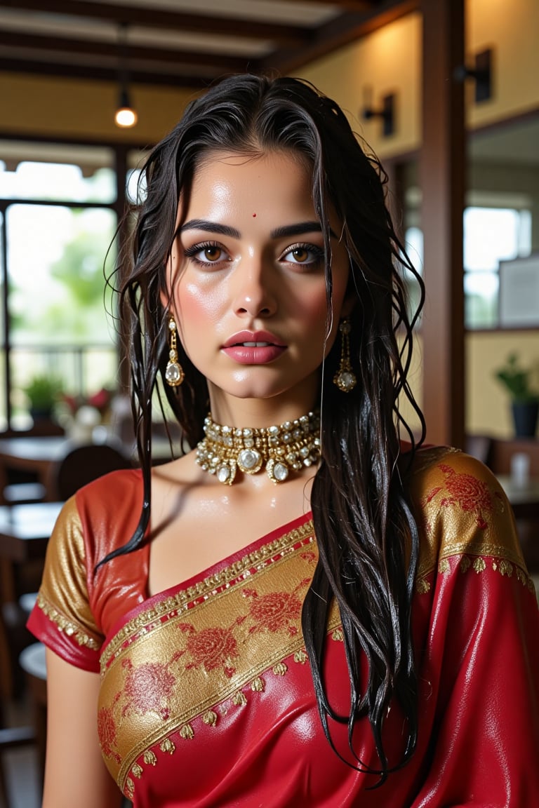 (wet clothes, wet hair, wet face, wet skin, wet curly hair) ,

 Wet clothes. Wet hair, wet skin, slimy hair, slimy clothes, wet saree


A hyperrealistic portrait of a beautiful  soaking wet Indian woman with long, wavy wet black hair in a coffee shop. The lady looks into the camera with a slightly open mouth and wears an Indian-style jeweled choker that hides her neck. She has striking brown almond-shaped eyes, framed by thick lashes, and radiant, flawless skin. Dressed in a wet soapy  silk saree with intricate gold embroidery, paired with a wet rich  blouse, she stands confidently in a poised fashion model stance. She also wears a matching shawl. She wears delicate gold jewelry and a traditional red bindi. The lighting is soft and natural, casting a warm glow and subtle shadows, enhancing her elegant attire. Shot in 8K, every detail is rendered with stunning clarity and depth.", "n": 1 award-winning photograph, by Boris Vallejo, Raphael, Caravaggio, Greg Rutkowski, Beeple, looking like Madhubala and Cleopatra. Beksinski, sun ray tracing, 8k, dslr, soft lighting, high quality, film grain, Fujifilm XT3 --ar 2:3 Negative Prompt: (long neck:2), (ugly face:0.8), cross-eyed, (worst quality:2), (low quality:2), (normal quality:2), lowres, normal quality, bad anatomy, tilted head, lowres, bad anatomy, bad hands, text, error, missing fingers, extra digit, fewer digits, missing fingers, missing arms, missing legs, extra digit, extra arms, low details, oversaturated, undersaturated, overexposed, underexposed, grayscale, bw, bad photo, bad photography, bad art:1.4), (watermark, signature, text font, username, error, logo, words, letters, digits, autograph, trademark

4K, RAW, masterpiece, soakingwetclothes, high definition, luxury fashion photography, professional news studio atmosphere., Fetishwet,Enhanced all,Wetfetish,covered in oil,covered in mud,wam,pouring oil,wetlook,pouring oil