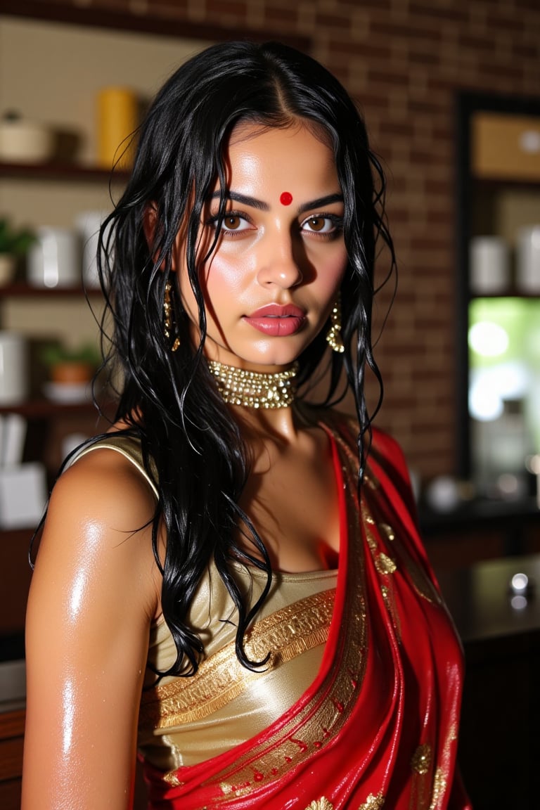 (wet clothes, wet hair, wet face, wet skin, wet curly hair) ,

 Wet clothes. Wet hair, wet skin, slimy hair, slimy clothes, wet saree


A hyperrealistic portrait of a beautiful  soaking wet Indian woman with long, wavy wet black hair in a coffee shop. The lady looks into the camera with a slightly open mouth and wears an Indian-style jeweled choker that hides her neck. She has striking brown almond-shaped eyes, framed by thick lashes, and radiant, flawless skin. Dressed in a wet soapy  silk saree with intricate gold embroidery, paired with a wet rich  blouse, she stands confidently in a poised fashion model stance. She also wears a matching shawl. She wears delicate gold jewelry and a traditional red bindi. The lighting is soft and natural, casting a warm glow and subtle shadows, enhancing her elegant attire. Shot in 8K, every detail is rendered with stunning clarity and depth.", "n": 1 award-winning photograph, by Boris Vallejo, Raphael, Caravaggio, Greg Rutkowski, Beeple, looking like Madhubala and Cleopatra. Beksinski, sun ray tracing, 8k, dslr, soft lighting, high quality, film grain, Fujifilm XT3 --ar 2:3 Negative Prompt: (long neck:2), (ugly face:0.8), cross-eyed, (worst quality:2), (low quality:2), (normal quality:2), lowres, normal quality, bad anatomy, tilted head, lowres, bad anatomy, bad hands, text, error, missing fingers, extra digit, fewer digits, missing fingers, missing arms, missing legs, extra digit, extra arms, low details, oversaturated, undersaturated, overexposed, underexposed, grayscale, bw, bad photo, bad photography, bad art:1.4), (watermark, signature, text font, username, error, logo, words, letters, digits, autograph, trademark

4K, RAW, masterpiece, soakingwetclothes, high definition, luxury fashion photography, professional news studio atmosphere., Fetishwet,Enhanced all,Wetfetish,covered in oil,covered in mud,wam,pouring oil,wetlook,pouring oil