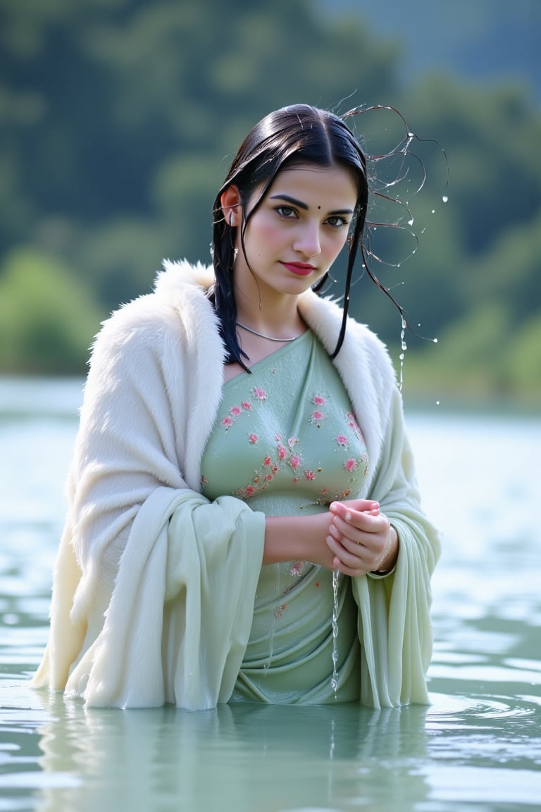 ((wet clothes, wet hair, wet face, wet skin, )), Raw photo of (18yo Kerala Beautiful young woman:1.1, (best quality, highres, ultra-detailed:1.2), This breathtaking photograph, shot on a Canon 1DX with a 50 mm f/2.8 lens, beautifully showcases the raw and authentic beauty of snow life, winter, snow. high resolution 8k image quality, vibrant colors, glowing dimond, glowing eyes, realistic Raw photo, realistic lighting, she wears a white long fur coat and underneath she wears traditional wet  saree with embroidery design paired with a dupatta elegantly draped on right shoulder, wet blouse with embroidery design, exotic beauty, mesmerizing eyes, girl ,Thrissur,Mallu,Saree,35mm photo.,Fetishwet,Wet,covered in oil,covered in mud,wam,wet clothes,wetlook, the girl is completely doused with transparent slimes,Wetfetish,Enhanced all