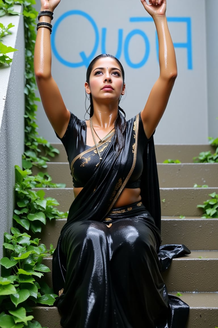 ((wet clothes, wet hair, wet face, wet skin, )), Raw photo,  a soaking wet woman dressed in a wet black  traditional cotton saree with matching wet blouse, sitting on a set of stairs. Her wet saree has golden motif design.   her hands are raised in the air. The woman's wet hair is pulled back in a ponytail, and she's looking up at the sky. The stairs she is sitting on are made of concrete, and the stairs are covered in green ivy leaves. The wall behind her is painted in a light gray color, and there is a blue "QUOTA" spray painted on the wall behind the woman..,Fetishwet,Wet,covered in oil,covered in mud,wam,wet clothes,wetlook, the girl is completely doused with transparent slimes,Wetfetish,Enhanced all