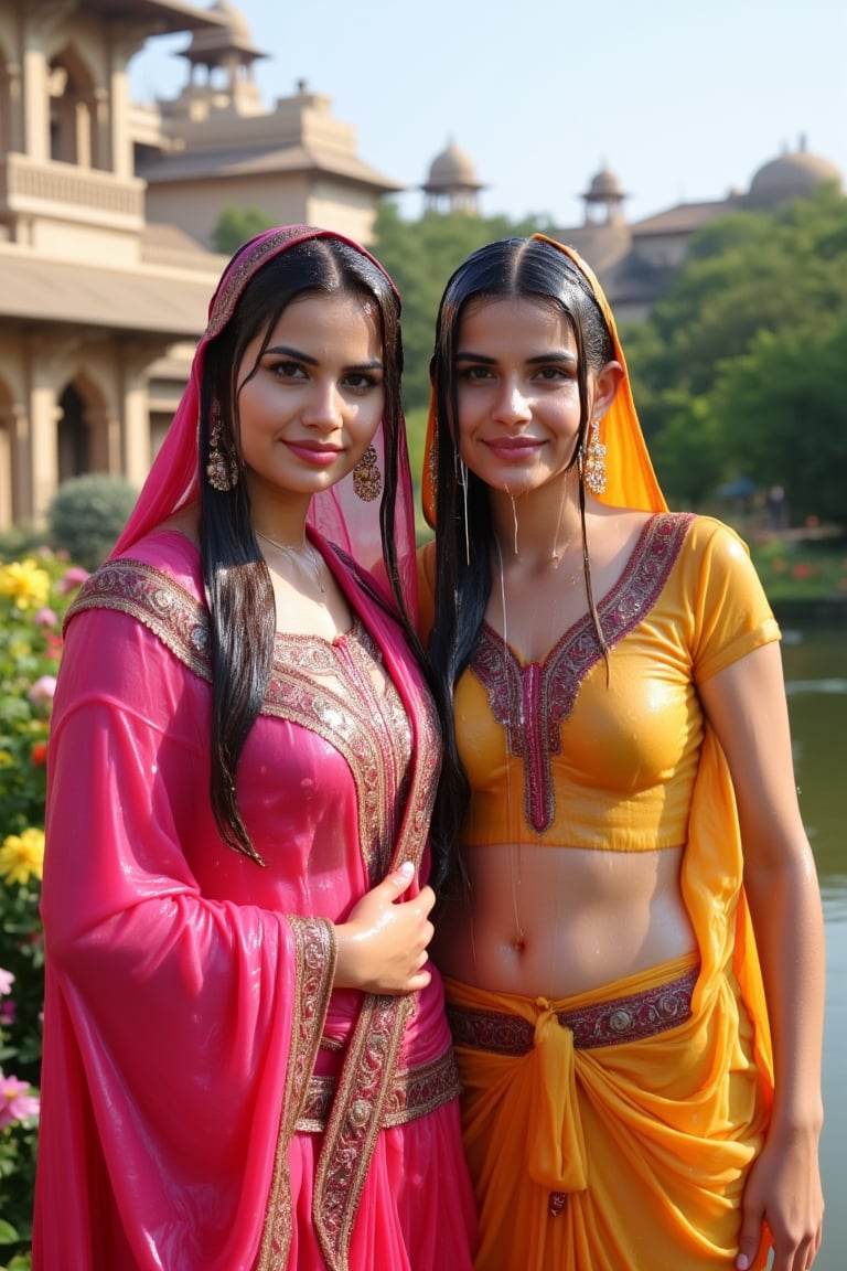 A photo of two beautiful soaking wet slimed Rajkumaries in a traditional Indian setting. Both of The wet Rajkumari is wearing different style wet  Rajasthani conservative bridal  saree with heavy embroidery paired with wet veils. They are standing in a lush garden with various flowers. The background contains a palace with intricate architecture and multiple domes. Their clothes, hair, skin are completely soaking wet.  Their hair, clothes, and skin are completely wet, slimed with transparent gunge and both of their wet clothes cling to their skin. .. Shampoo in hair. Soap flowing through clothes. brown eyes, small earring in right ear, very long eyelashes, sensual lips, provocative but conservative expression. They are completely doused in water and transparent slime. her hair is fully slimed and gunjed.

.The soft light illuminates the left side of the frame, casting a flattering glow on her serene expression.,Fetishwet,Wet,covered in oil,covered in mud,wam,wet clothes,pouring oil,wetlook,pouring oil, the girl is completely doused with transparent slimes, ((Wet clothes, wet skin, wet hair, slimed clothes, slimed hair, slimled skin)