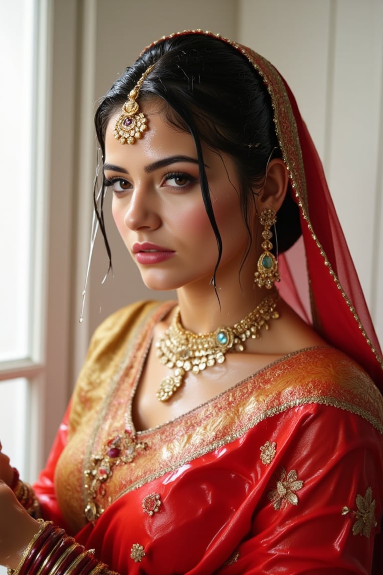 A wet soaked woman adorned in traditional very wet South Asian attire, possibly representing a bride or a bridesmaid. She is wearing a vibrant red saree with intricate gold embroidery and motifs. The saree is draped over her left shoulder, revealing a golden blouse underneath. She also wears a maroon bridal veil.which drpaed from her hair to her right shoulder. She is accessorized with a multi-layered necklace, large earrings, and multiple bangles on her right wrist. A maang tikka, a traditional headpiece, rests on her forehead. The background is soft and blurred, emphasizing the woman as the central focus. Wet clothes clinging on her, wetness visible. Their clothes, hair, skin are completely soaking wet.  Their hair, clothes, and skin are completely wet, slimed with transparent gunge and both of their wet clothes cling to their skin. .. Shampoo in hair. Soap flowing through clothes. brown eyes, small earring in right ear, very long eyelashes, sensual lips, provocative but conservative expression. They are completely doused in water and transparent slime. her hair is fully slimed and gunjed.

.The soft light illuminates the left side of the frame, casting a flattering glow on her serene expression.,Fetishwet,Wet,covered in oil,covered in mud,wam,wet clothes,pouring oil,wetlook,pouring oil, the girl is completely doused with transparent slimes, ((Wet clothes, wet skin, wet hair, slimed clothes, slimed hair, slimled skin),Enhanced all