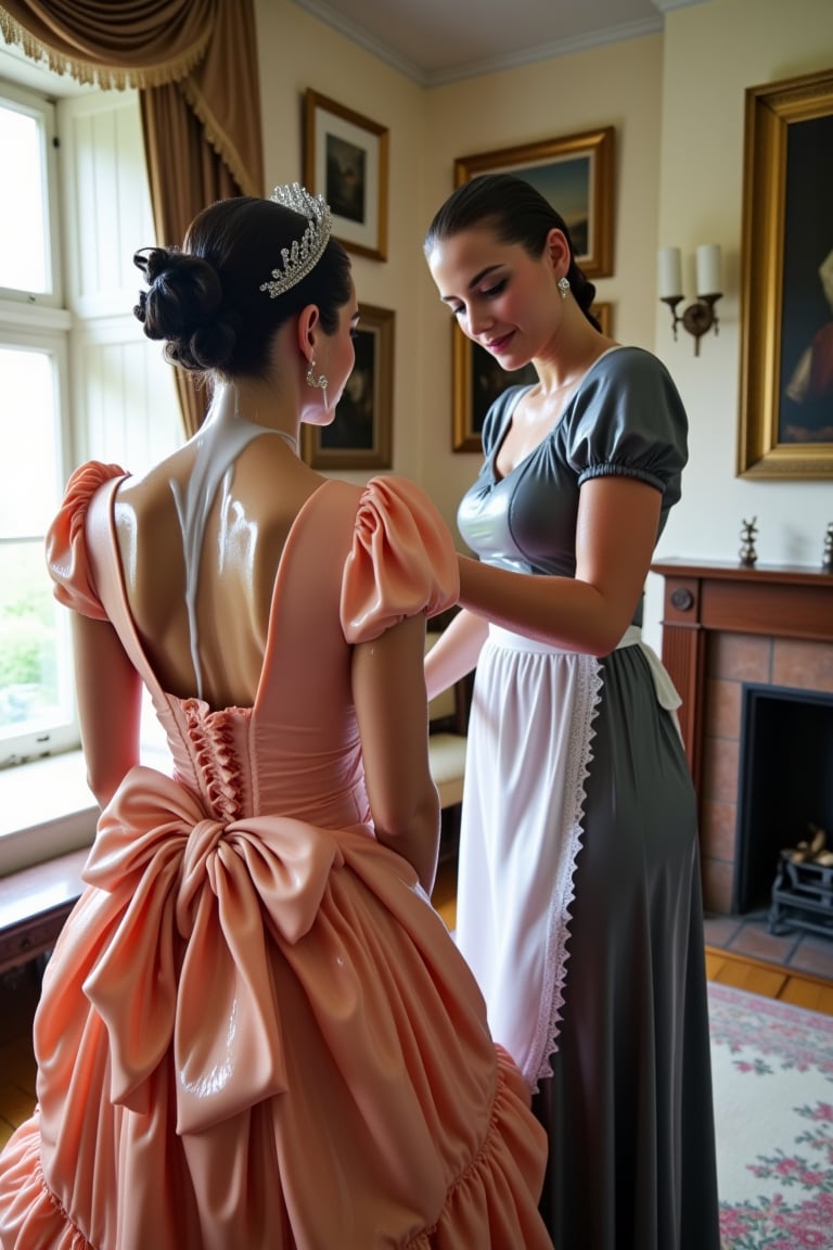 A photo of two soaking wet women in an opulent room with vintage decor. The wet woman on the left is wearing a wet voluminous, glossy peach-colored cotton gown with ruffles and a large wet bow at the back. She has her wet hair styled in an elaborate updo adorned with a tiara. The wet woman on the right is dressed in a wet, long, glossy grayish-blue cotton wet maid outfit with a wet white cotton apron and lace trim. She is bending down, seemingly adjusting or straightening the other woman's wet gown. The room has a window letting in natural light, and there are framed paintings on the walls. A plush carpet lies on the wooden floor, and the ambiance exudes a sense of luxury and elegance. Their hair, clothes, and skin are completely wet, and both of their wet clothes cling to their skin. They have shampoo in their hair, and suds are running down their bodies.. Shampoo in hair. Soap flowing through clothes. brown eyes, small earring in right ear, very long eyelashes, sensual lips, provocative but conservative expression. she is completely doused in water and transparent slime. her hair is fully slimed and gunjed.

.The soft light illuminates the left side of the frame, casting a flattering glow on her serene expression.,Fetishwet,Wet,covered in oil,covered in mud,wam,wet clothes,pouring oil,wetlook,pouring oil, the girl is completely doused with transparent slimes, ((Wet clothes, wet skin, wet hair, slimed clothes, slimed hair, slimled skin)