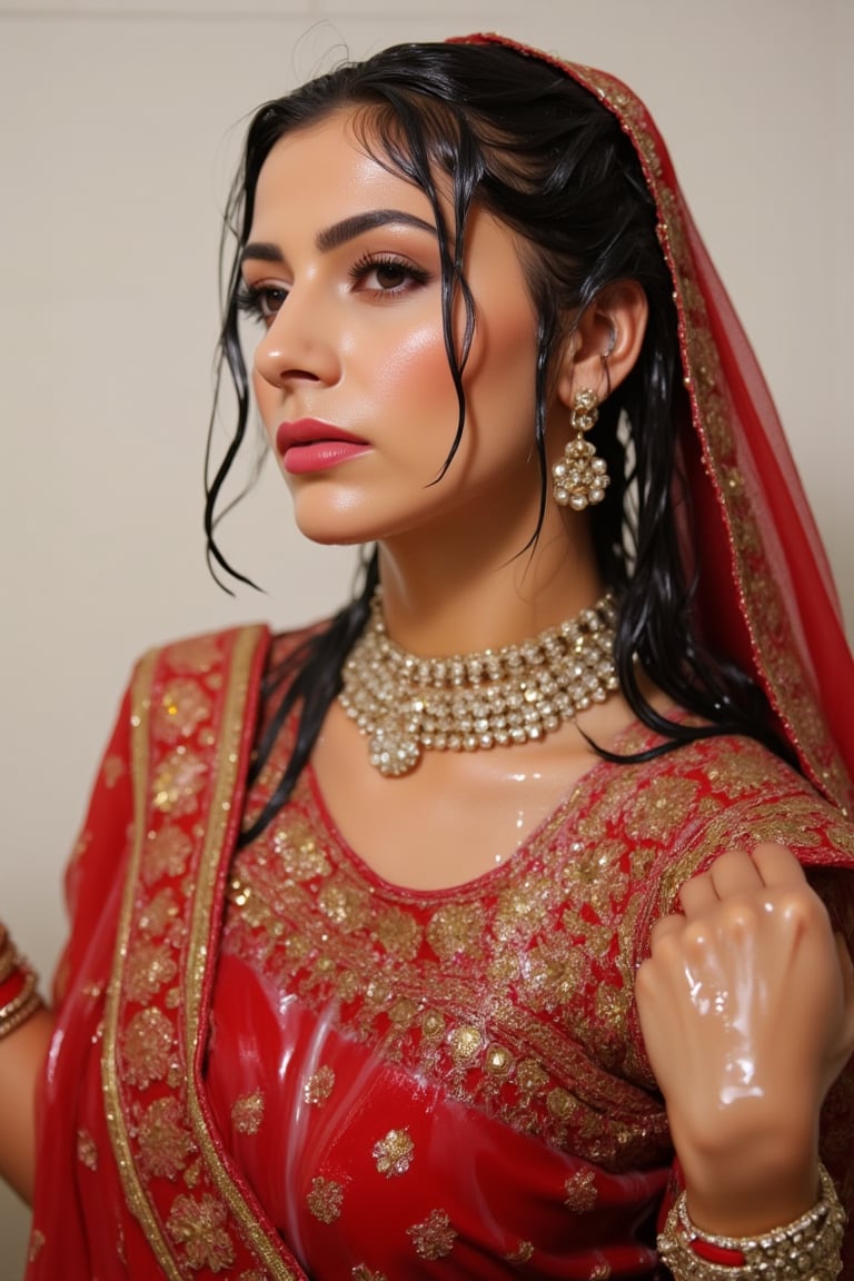 A wet soaked woman adorned in traditional very wet South Asian attire, possibly representing a bride or a bridesmaid. She is wearing a vibrant red saree with intricate gold embroidery and motifs. The saree is draped over her left shoulder, revealing a golden blouse underneath. She also wears a wet maroon bridal veil that covers her wet right shoulder. She is accessorized with a multi-layered necklace, large earrings, and multiple bangles on her right wrist. A maang tikka, a traditional headpiece, rests on her forehead. The background is soft and blurred, emphasizing the woman as the central focus. Wet clothes clinging on her, wetness visible. Their clothes, hair, skin are completely soaking wet.  Their hair, clothes, and skin are completely wet, slimed with transparent gunge and both of their wet clothes cling to their skin. .. Shampoo in hair. Soap flowing through clothes. brown eyes, small earring in right ear, very long eyelashes, sensual lips, provocative but conservative expression. They are completely doused in water and transparent slime. her hair is fully slimed and gunjed.

.The soft light illuminates the left side of the frame, casting a flattering glow on her serene expression.,Fetishwet,Wet,covered in oil,covered in mud,wam,wet clothes,pouring oil,wetlook,pouring oil, the girl is completely doused with transparent slimes, ((Wet clothes, wet skin, wet hair, slimed clothes, slimed hair, slimled skin),Enhanced all